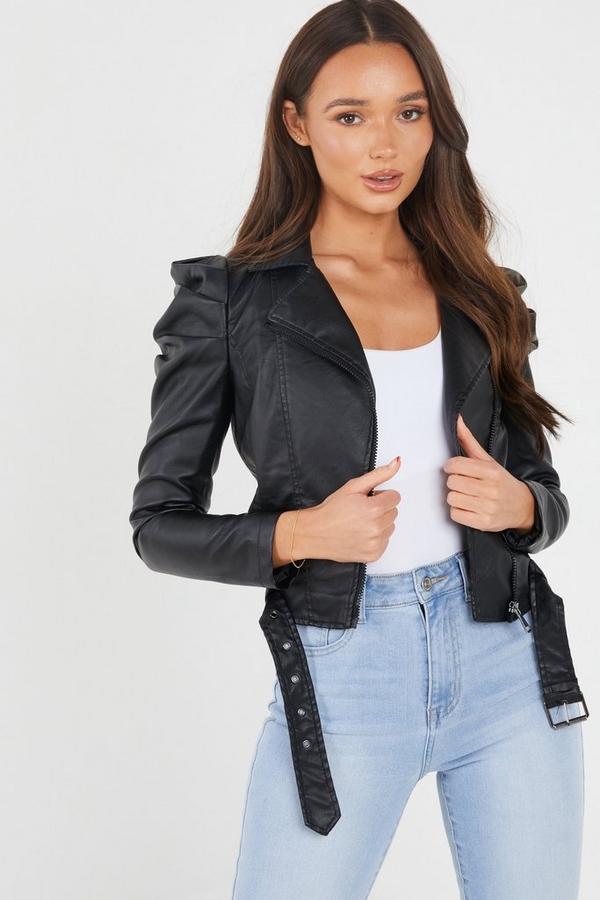 Black Faux Leather Puff Sleeve Jacket