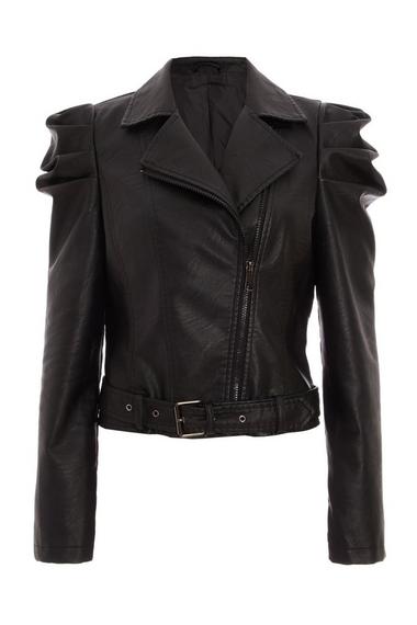 Black Faux Leather Puff Sleeve Jacket