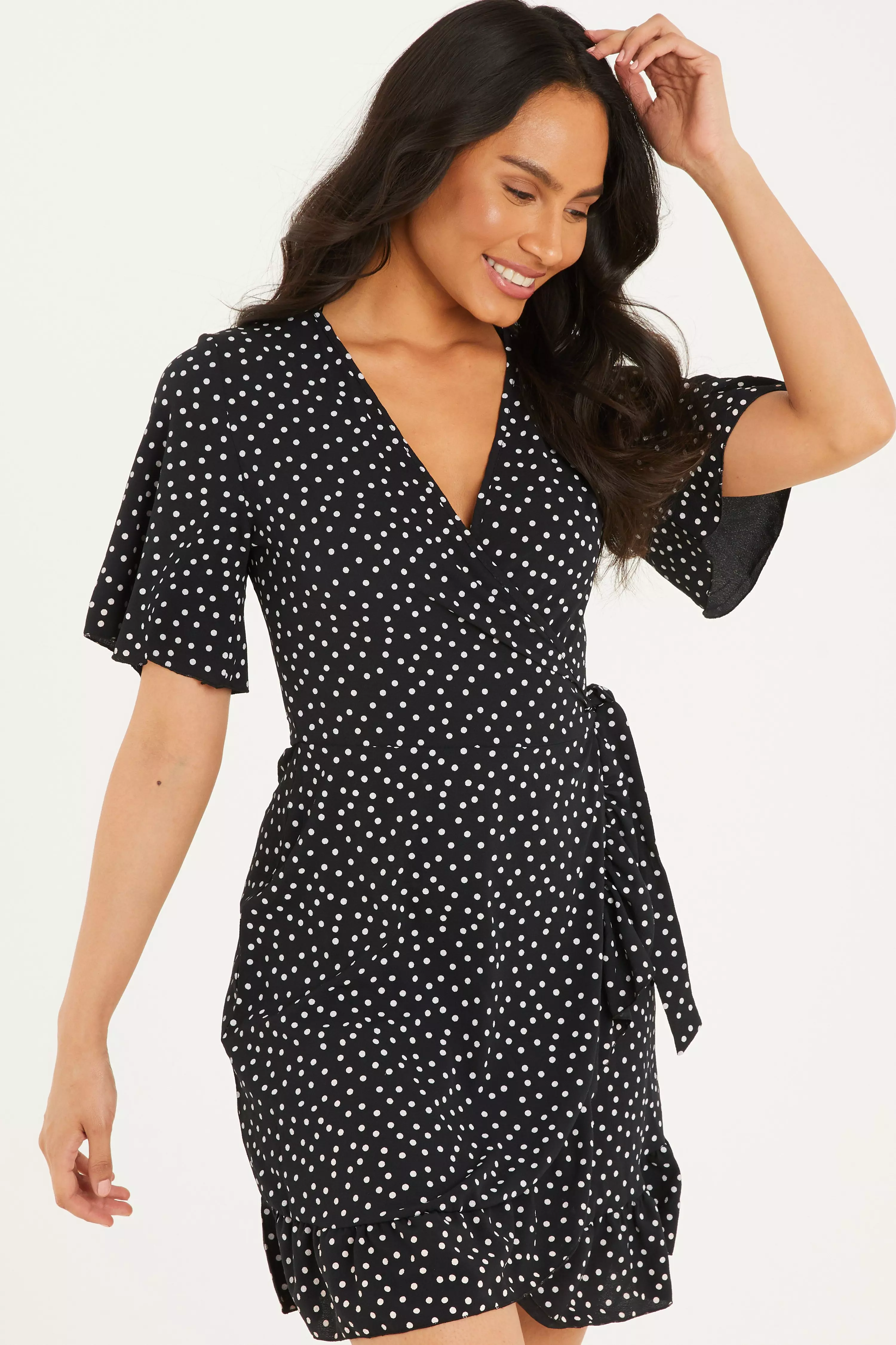 black polka dot wrap dress