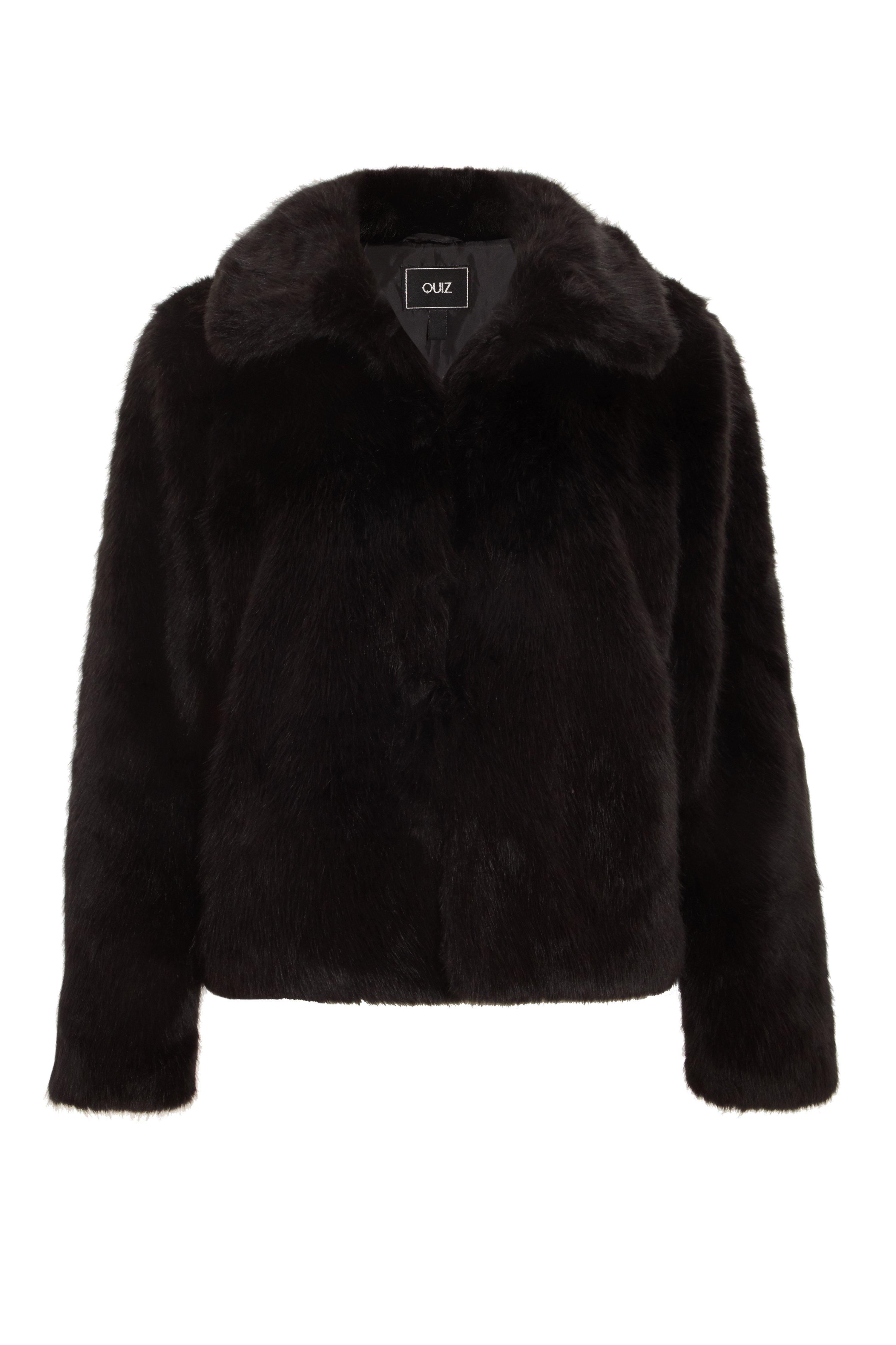 Black Short Faux Fur Collar Jacket - Quiz Clothing