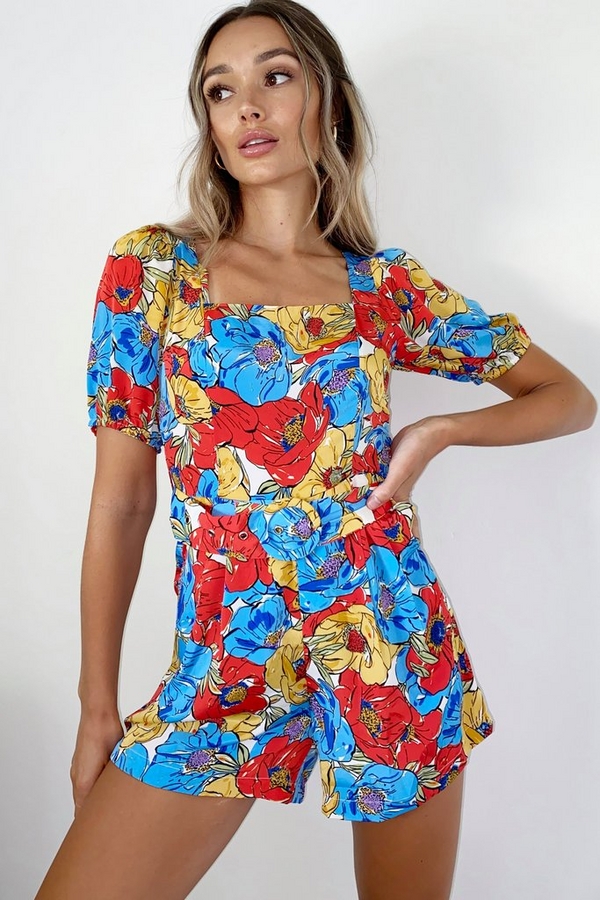 Multicoloured Floral Puff Sleeves Playsuit