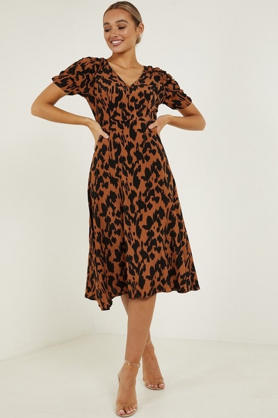 Brown & Black Animal Print Ruched Midi Dress