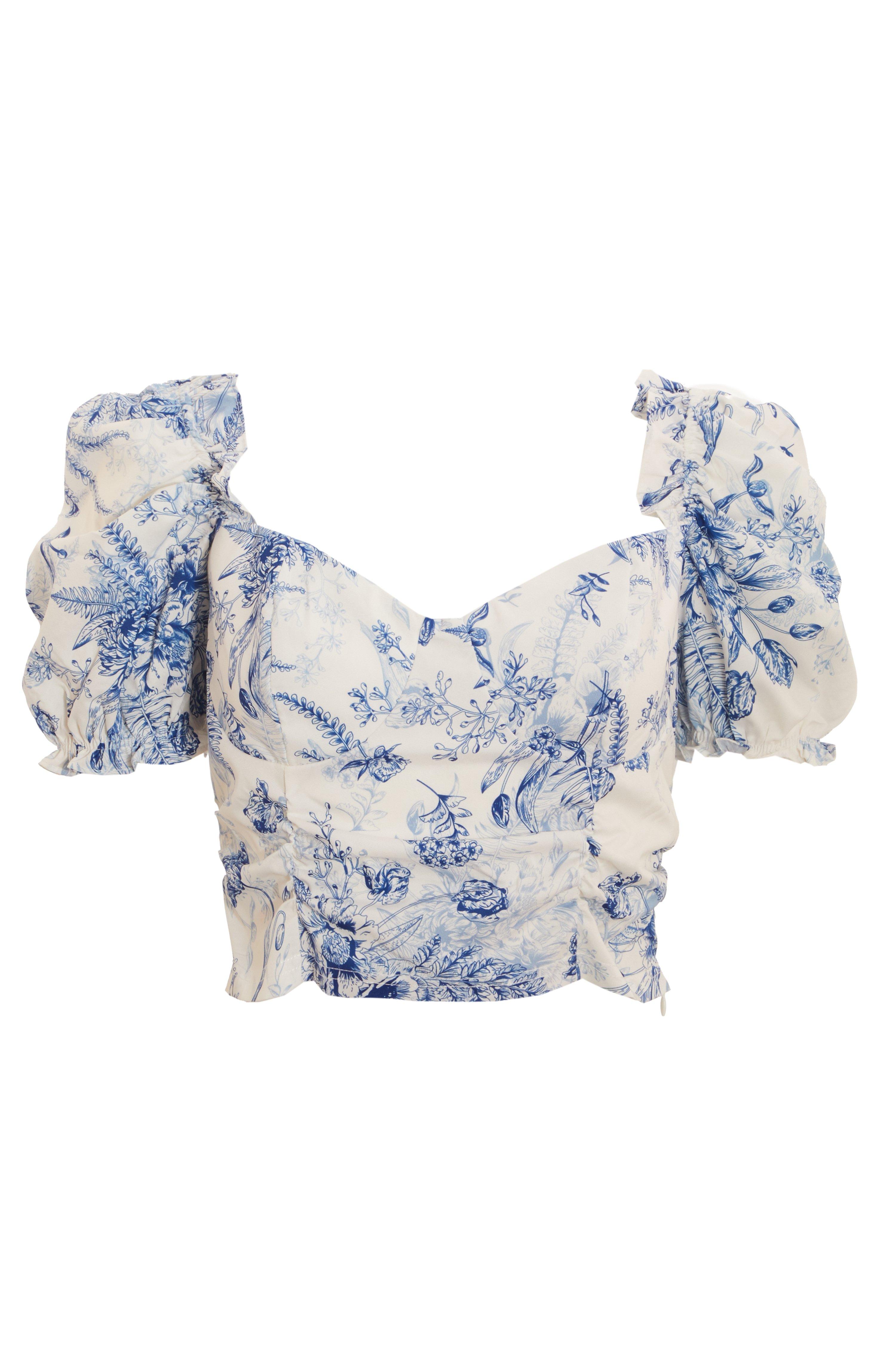 White & Blue Floral Puff Sleeve Crop Top - Quiz Clothing