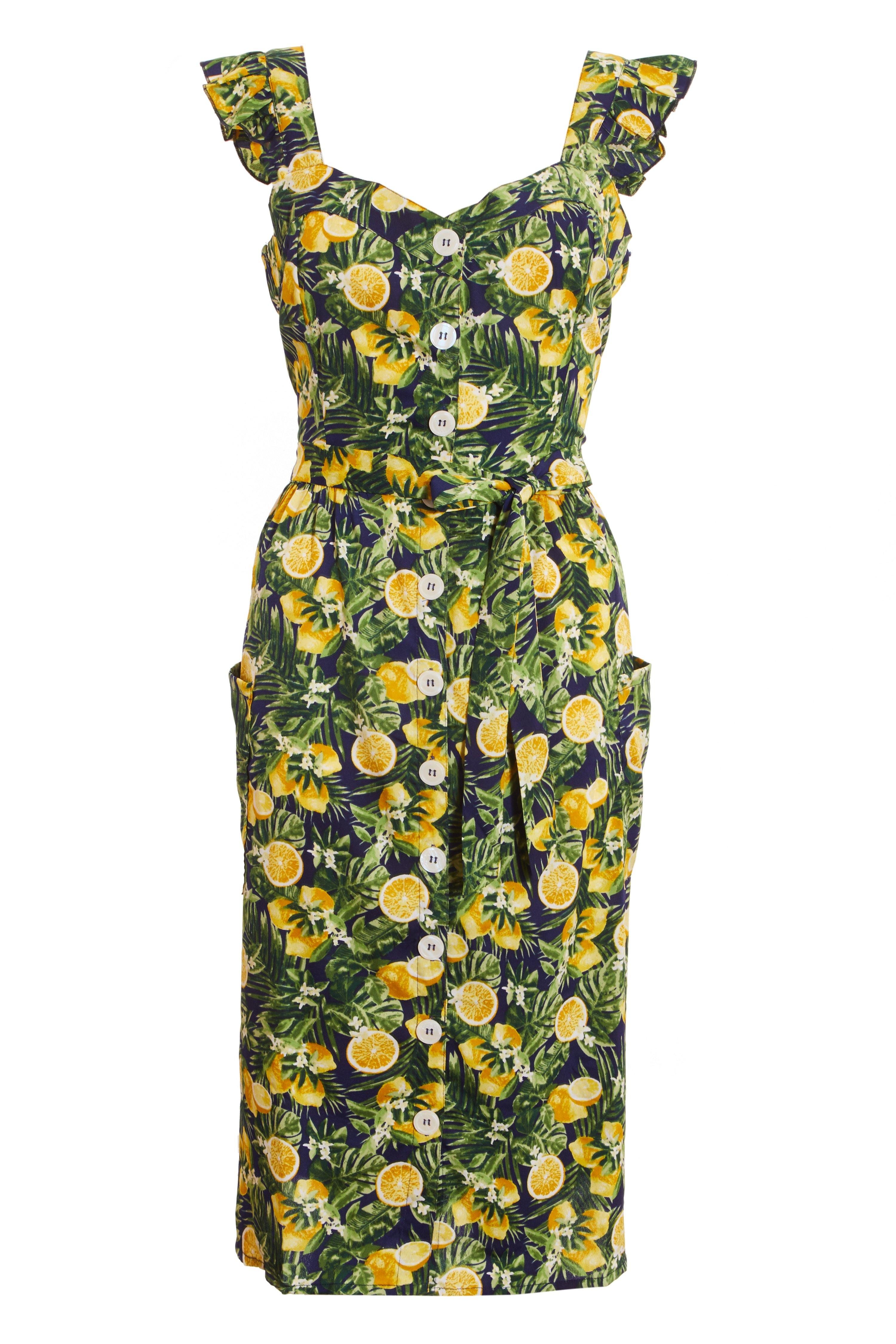Navy & Yellow Lemon Print Midi Dress - Quiz Clothing