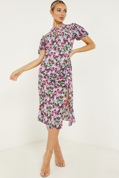 Multicoloured Floral Puff Sleeve Midi Dress