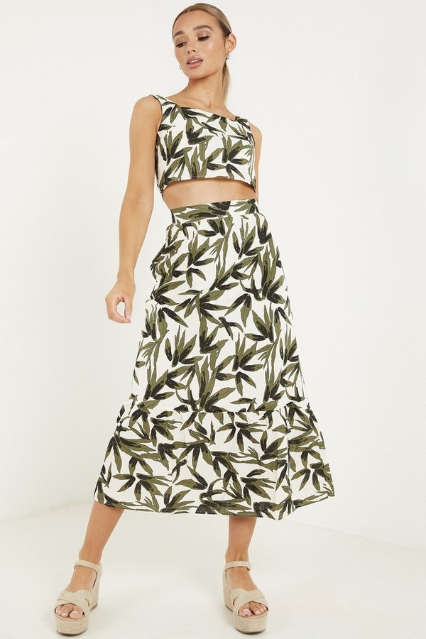 Khaki Tropical Print Midi Skirt