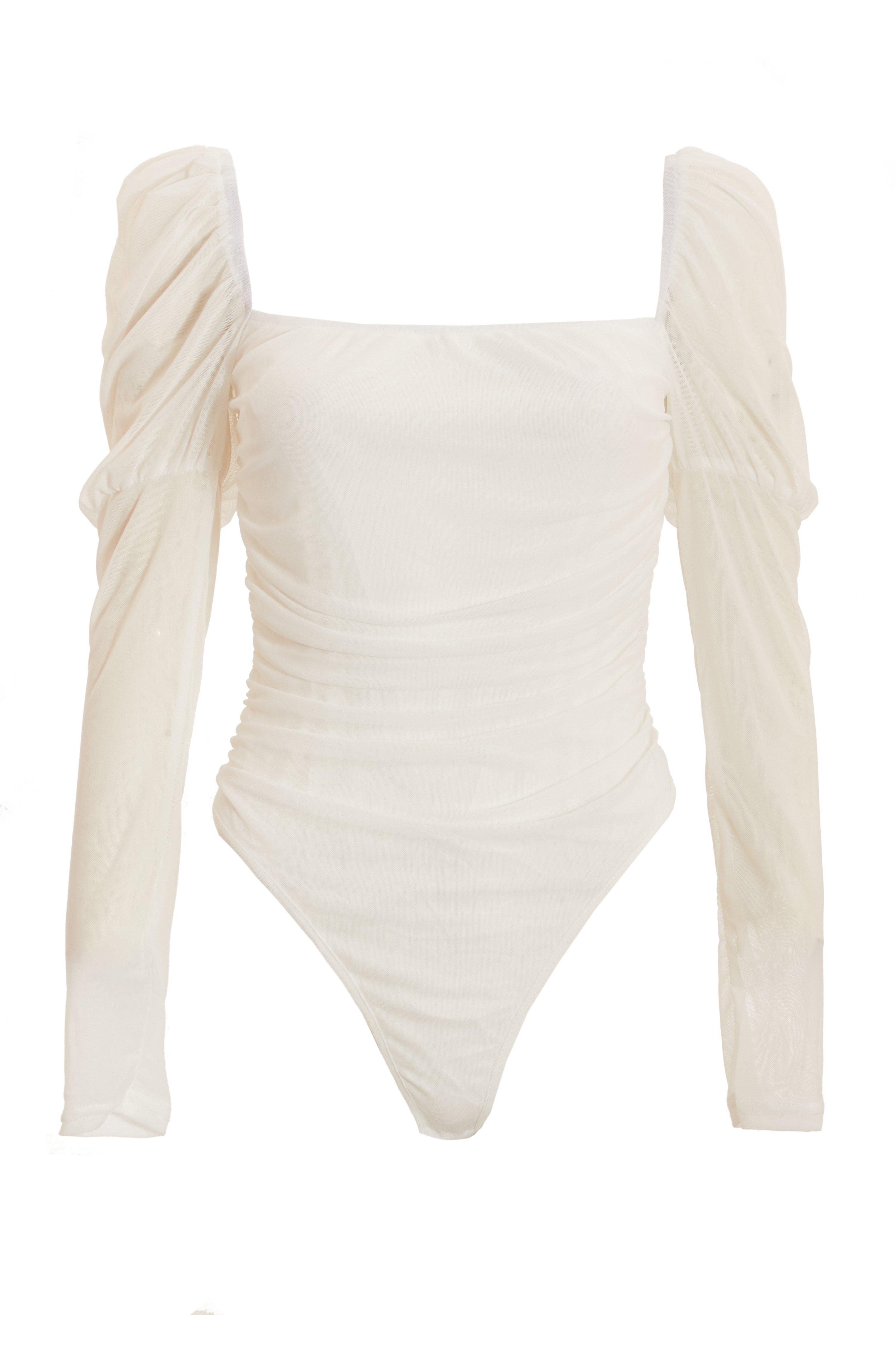 White Mesh Puff Sleeve Bodysuit - Quiz Clothing