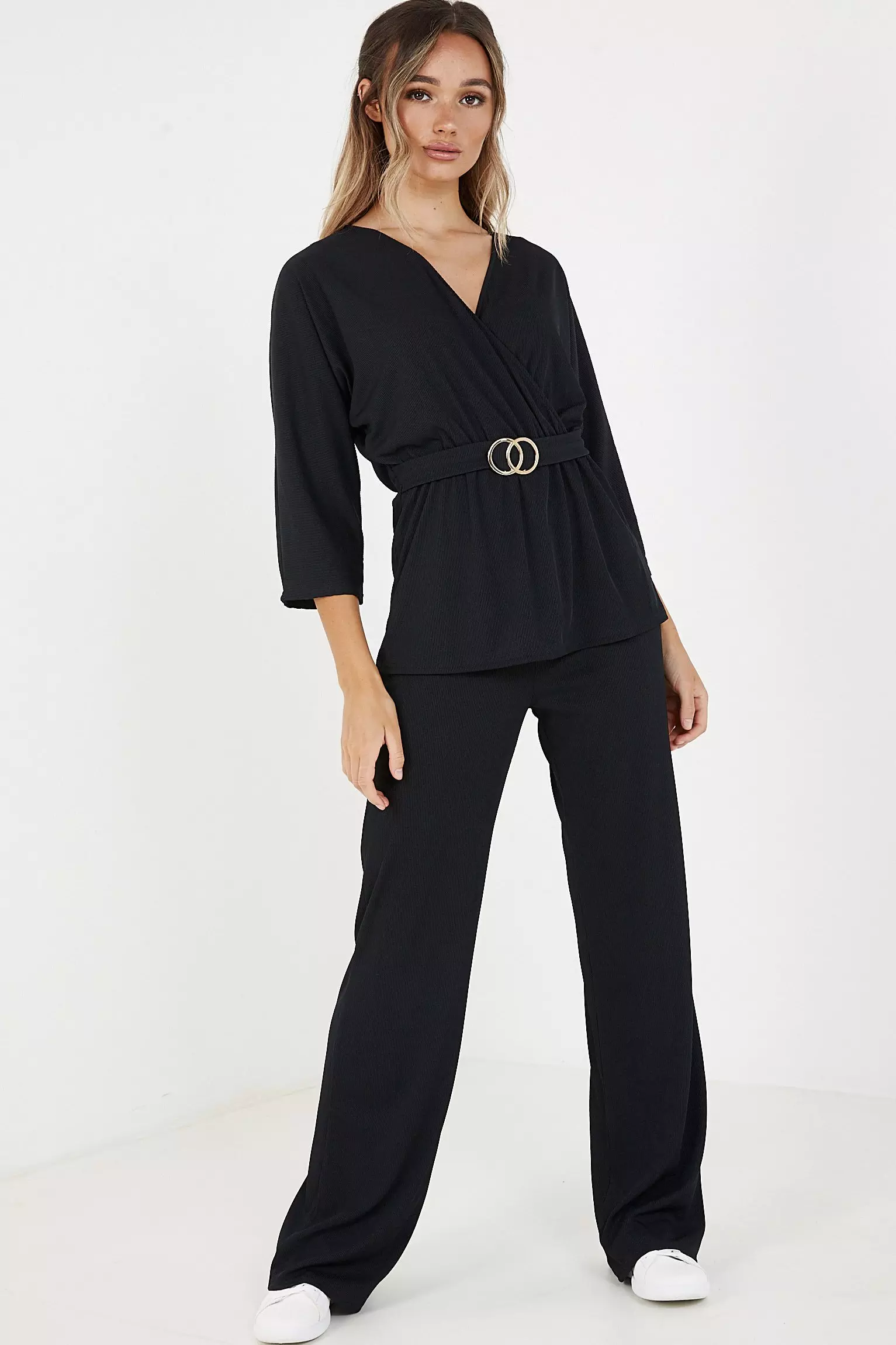 Black Ribbed High Waist Palazzo Trousers - QUIZ Clothing