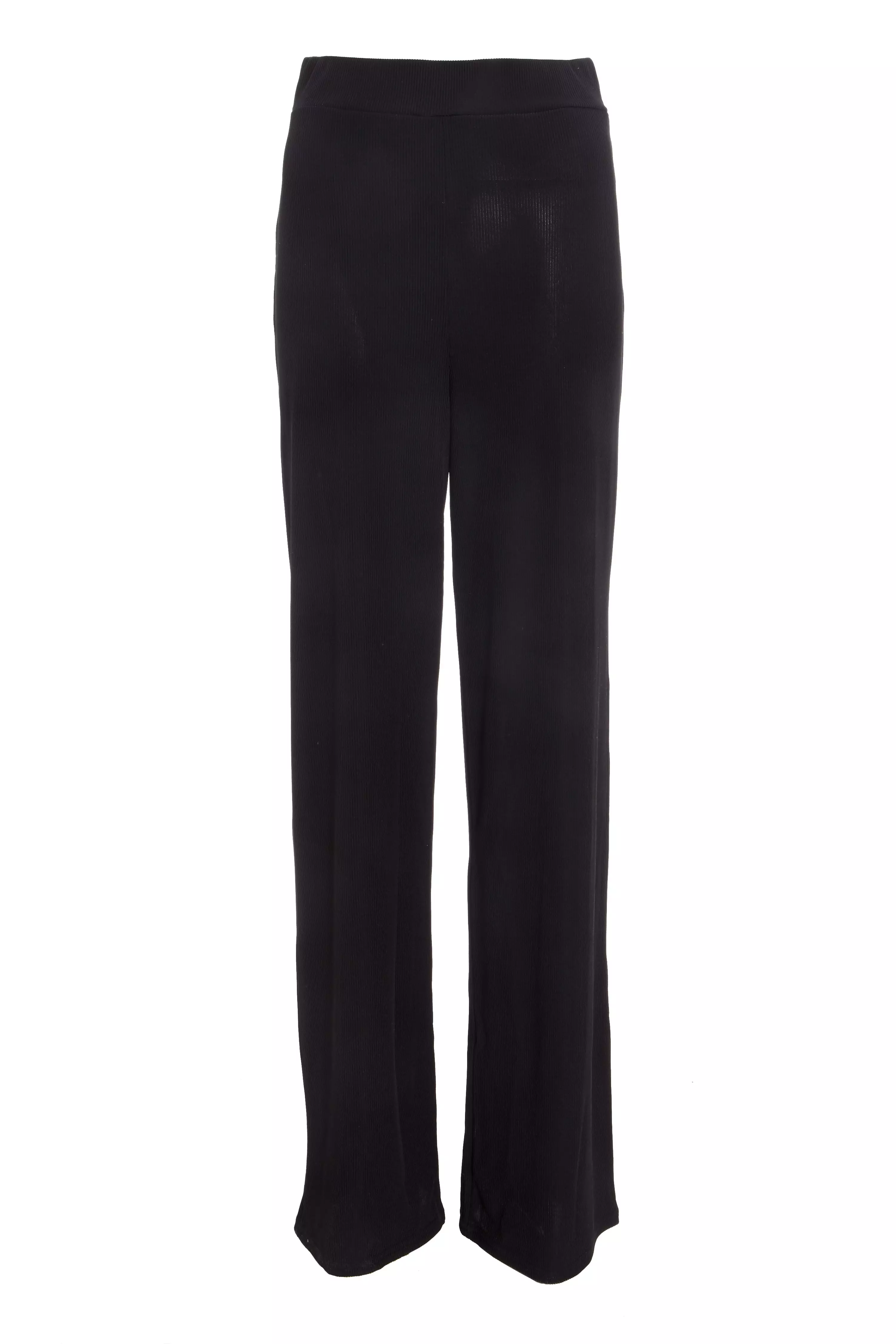 Black Ribbed High Waist Palazzo Trousers - QUIZ Clothing