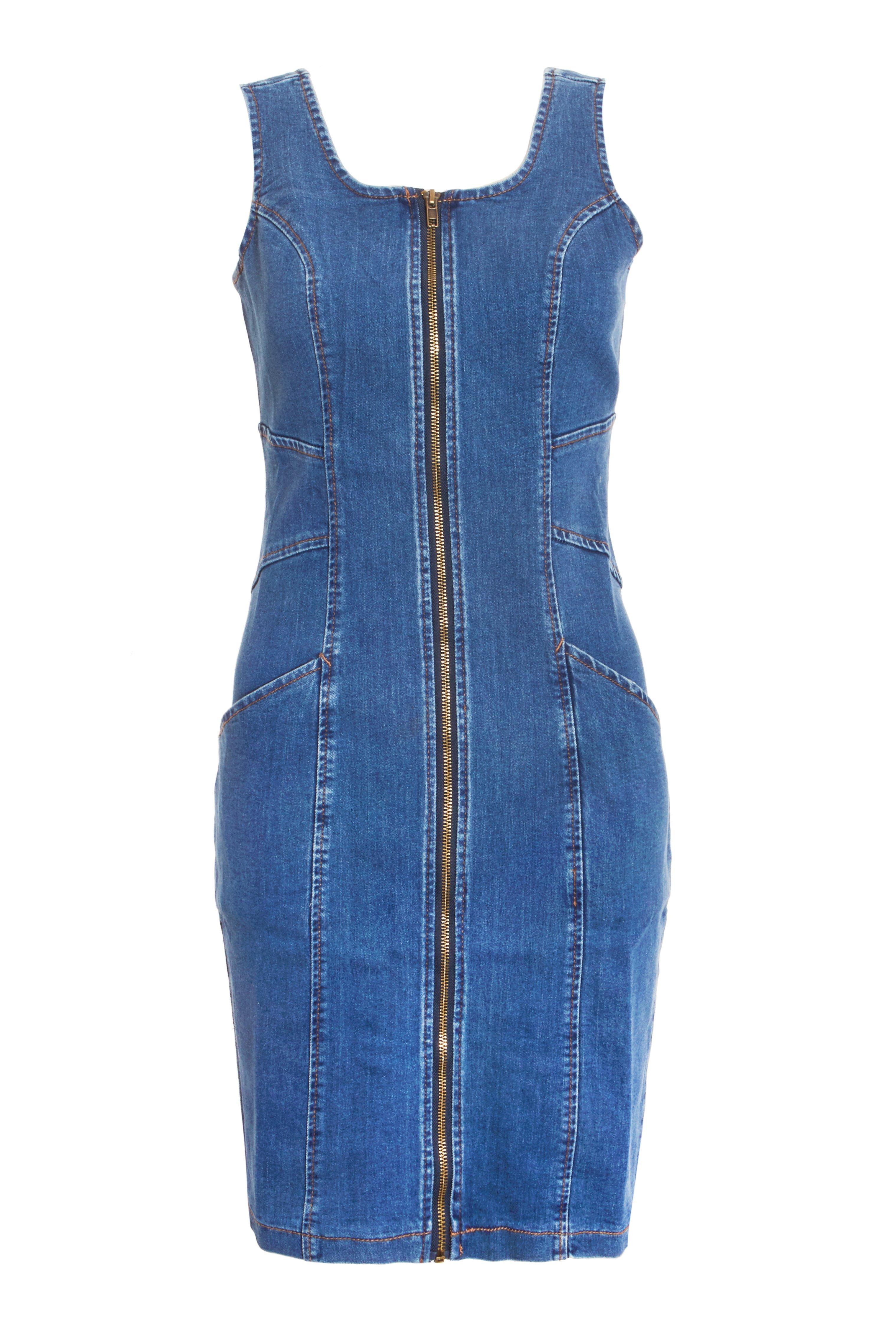 Blue Denim Zip Front Bodycon Dress - Quiz Clothing