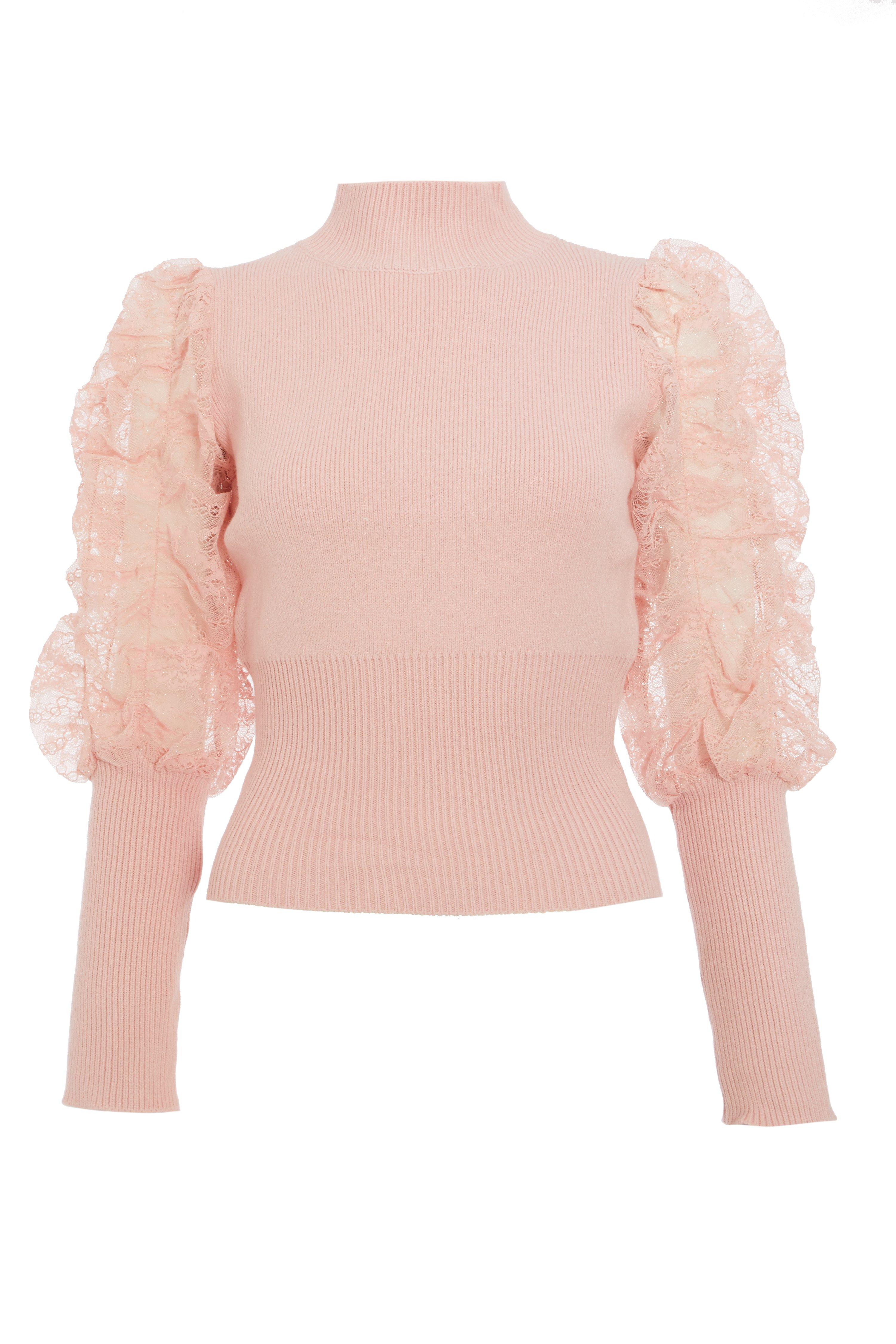 Pink Lace Ruched Sleeve Jumper - Quiz Clothing