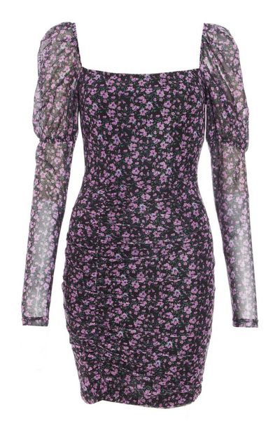 Lilac Floral Mesh Puff Sleeve Dress