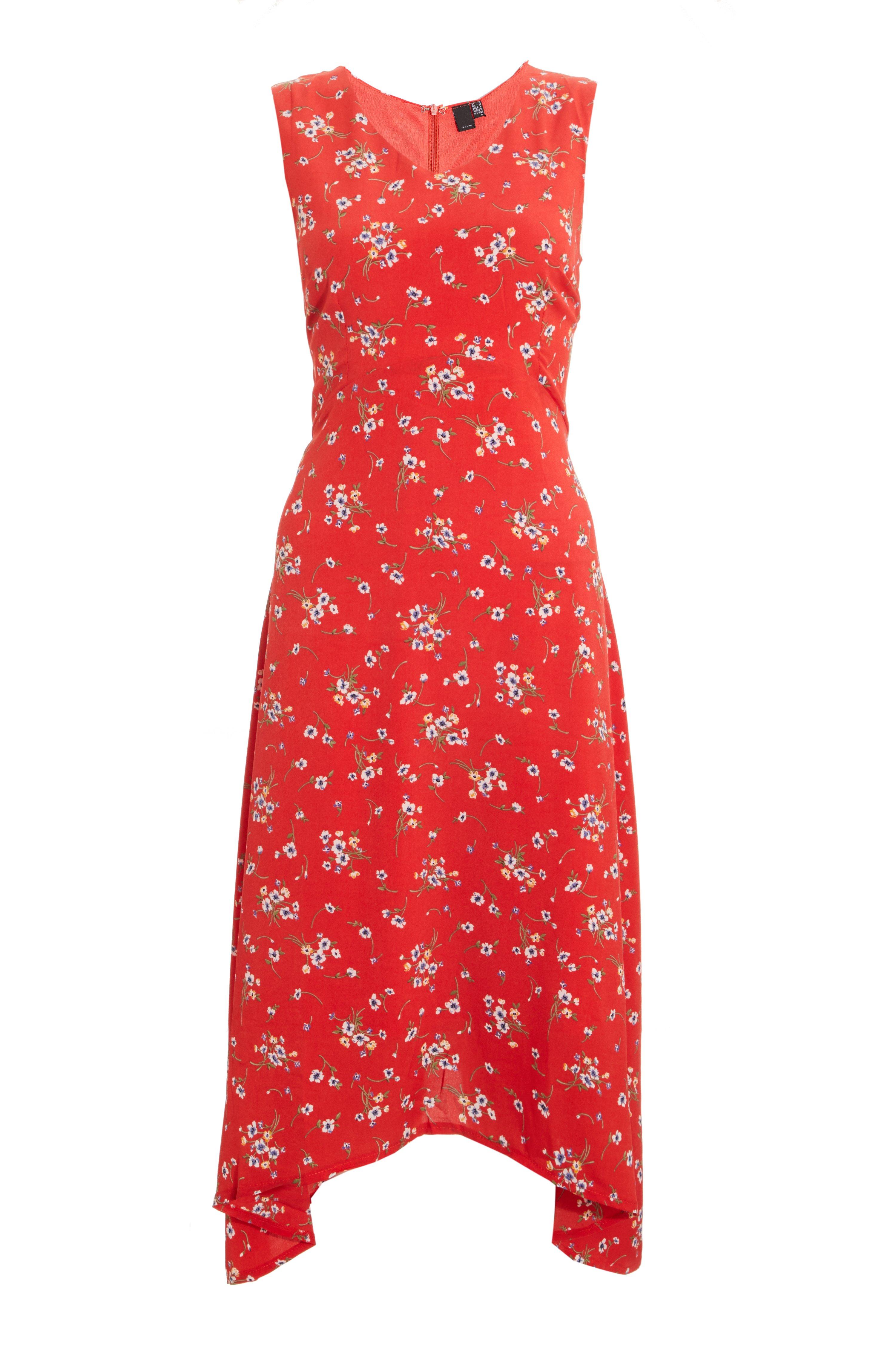 Red Chiffon Floral Dip Hem Dress - Quiz Clothing