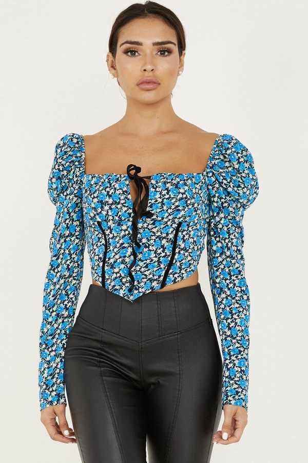Blue Floral Corset Crop Top Quiz Clothing