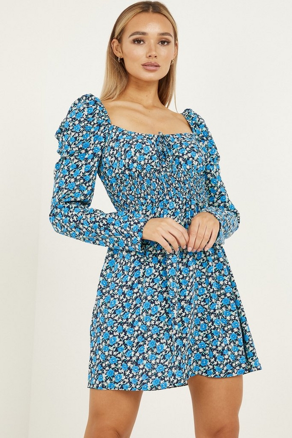 Blue Floral Shirred Dress - Quiz Clothing
