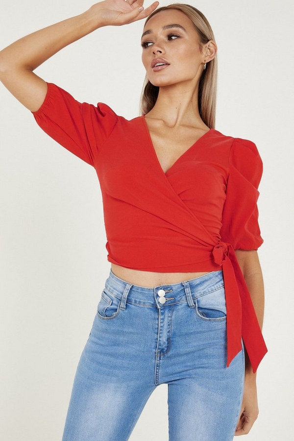 Red Puff Sleeve Wrap Crop Top