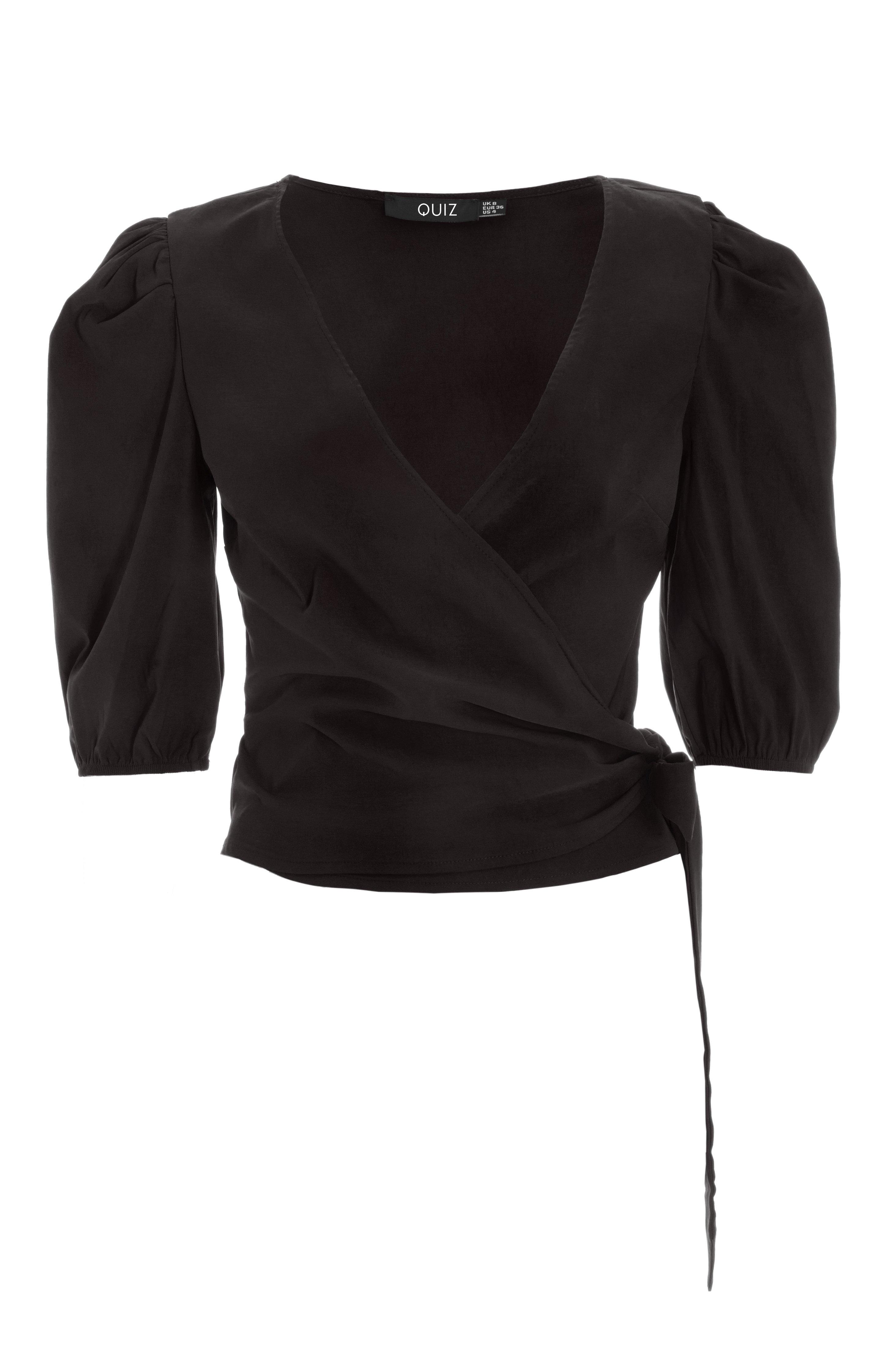 Black Puff Sleeve Wrap Crop Top - Quiz Clothing