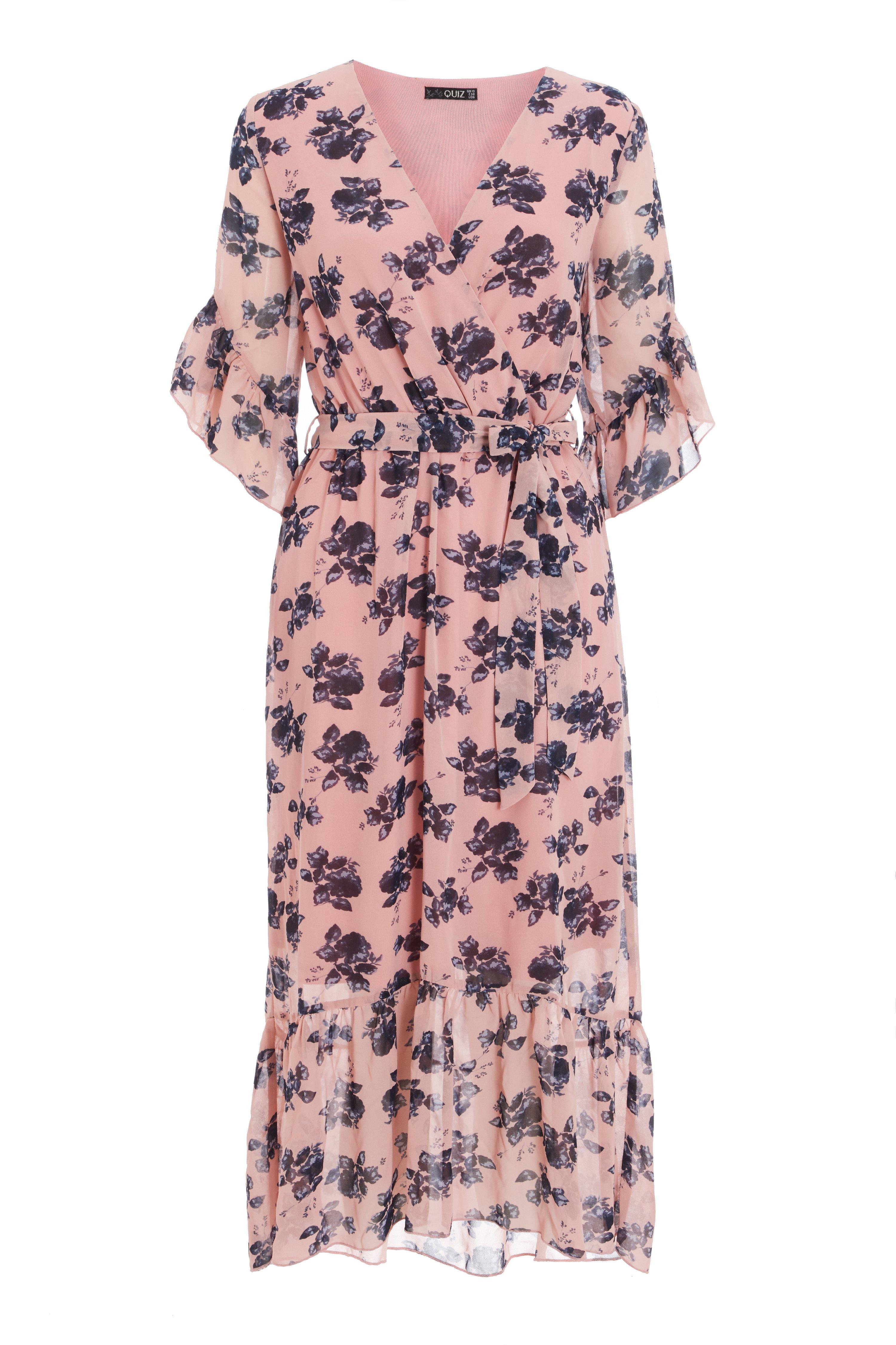 Pink & Navy Floral Wrap Midi Dress Quiz Clothing