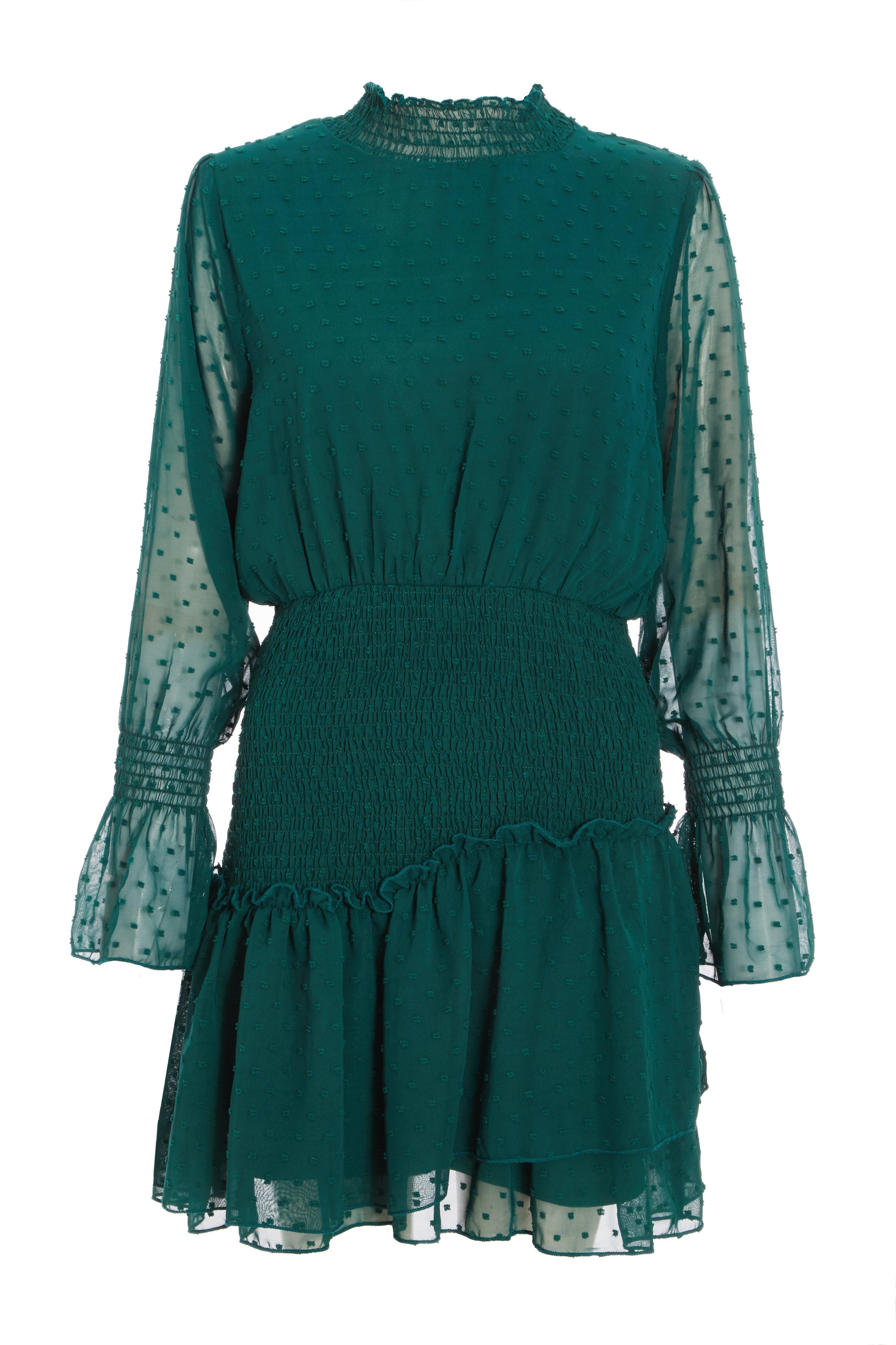 Bottle Green Chiffon Shirred Dress - Quiz Clothing