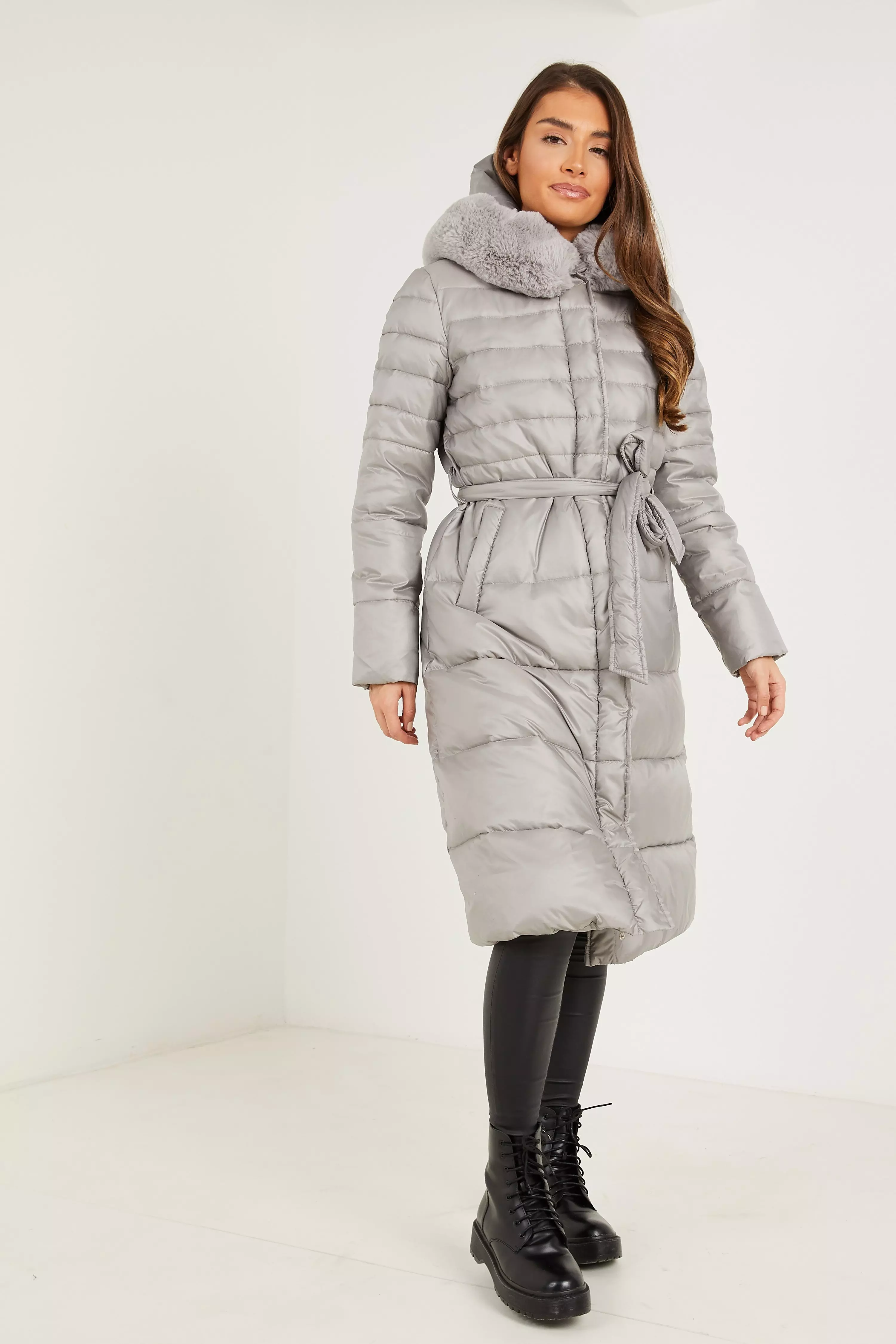 grey padded fur hood coat