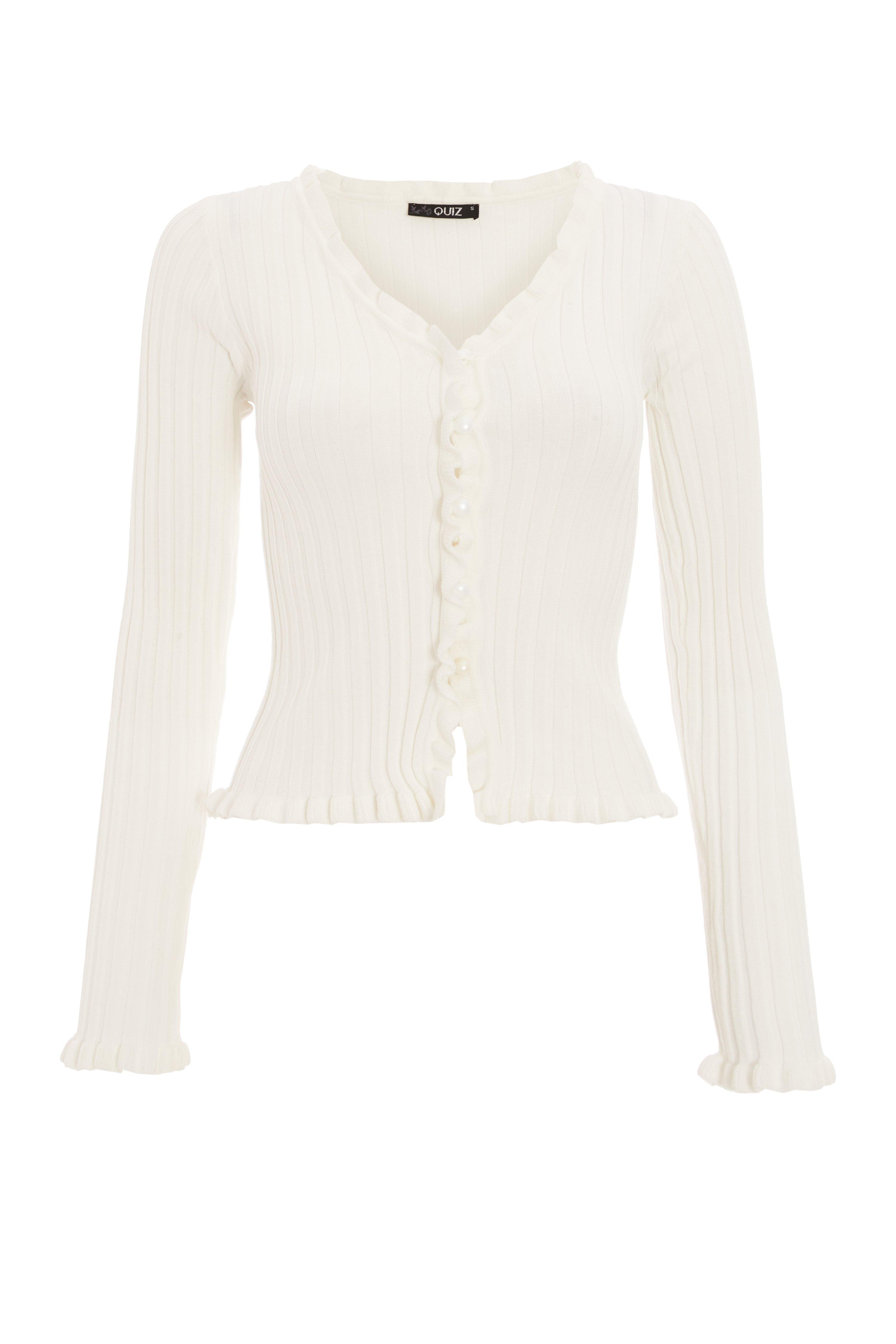 Cream Knitted Frill Cardigan - Quiz Clothing