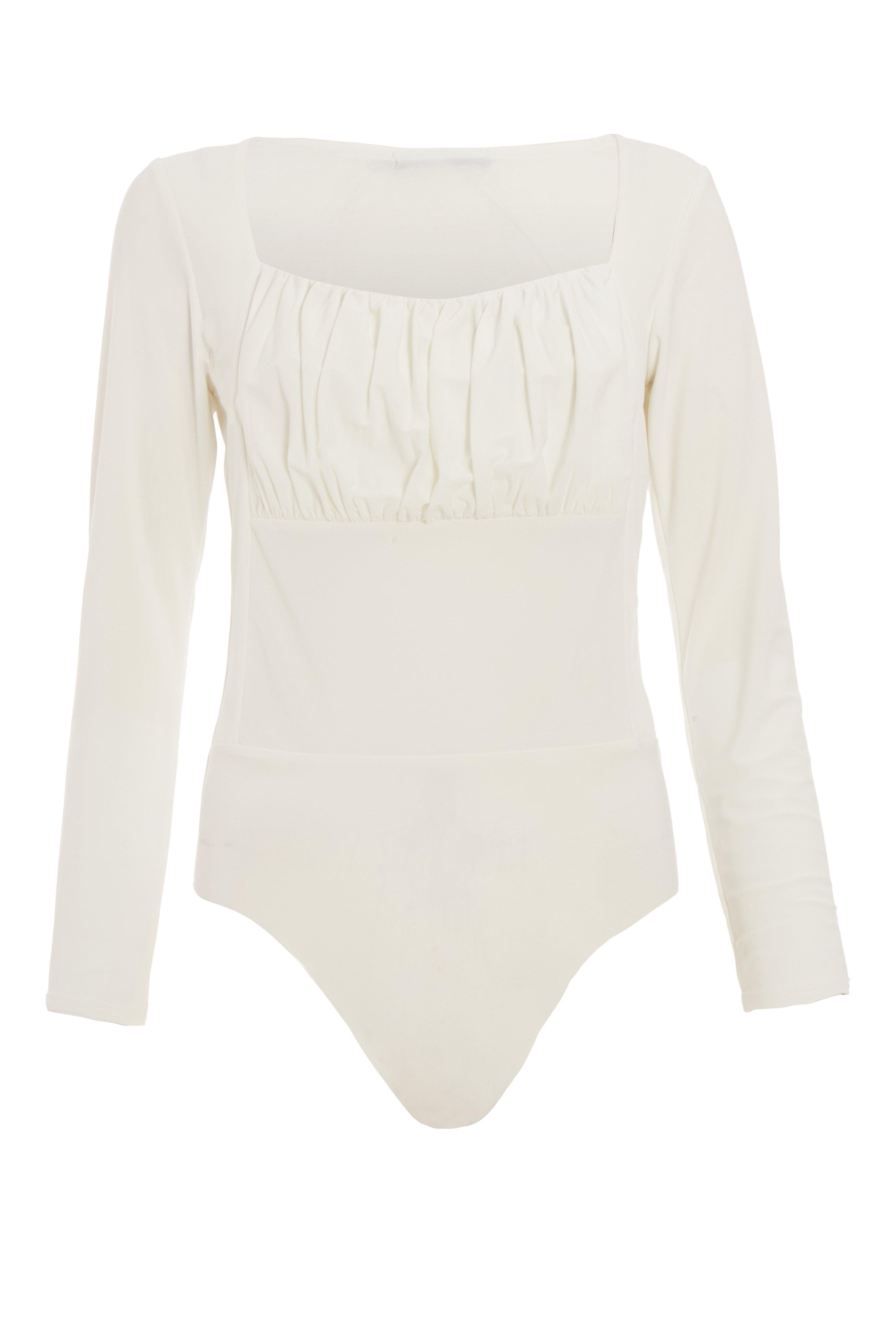 Cream Ruched Long Sleeve Bodysuit - Quiz Clothing