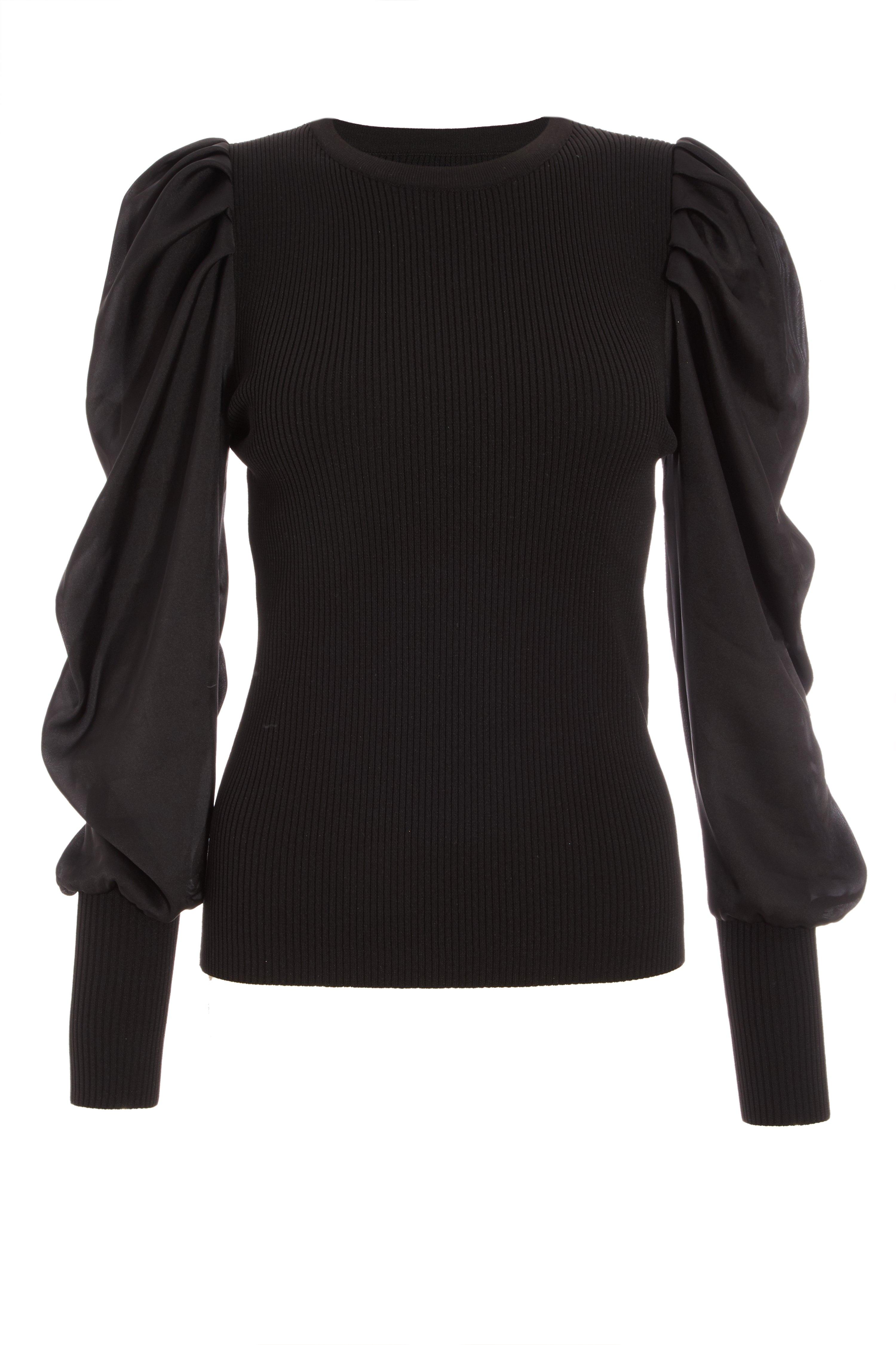 Black Knitted Satin Puff Sleeve Jumper - Quiz Clothing