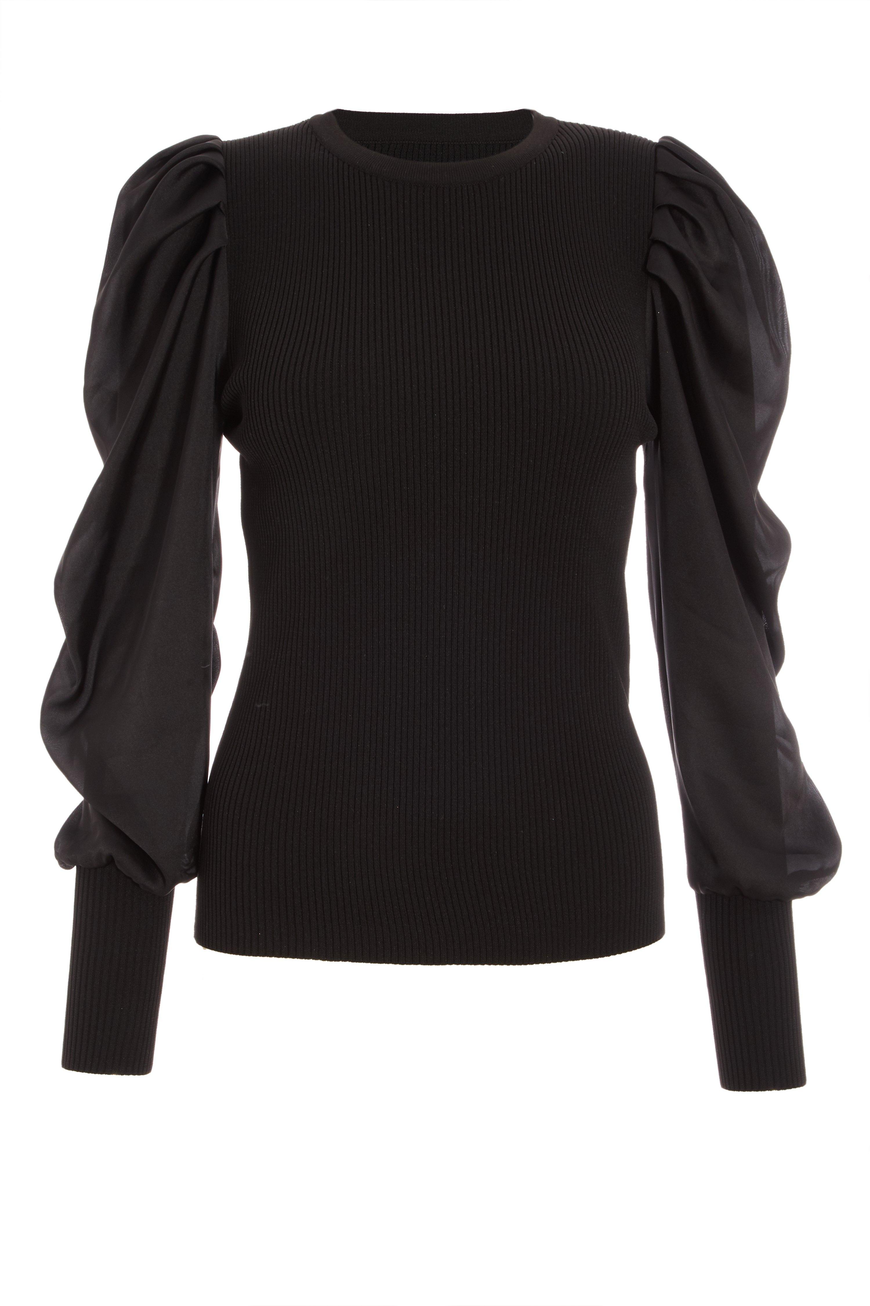 Petite Black Knitted Satin Puff Sleeve Jumper Quiz Clothing