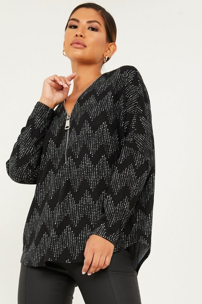 Black Knitted Abstract Zip Front Top