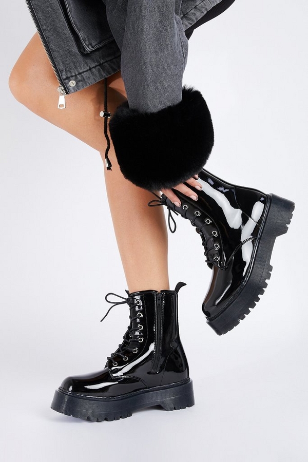 black patent lace up boot