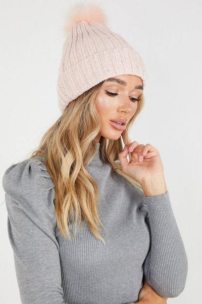 Pink Sequin Knitted Pom Hat