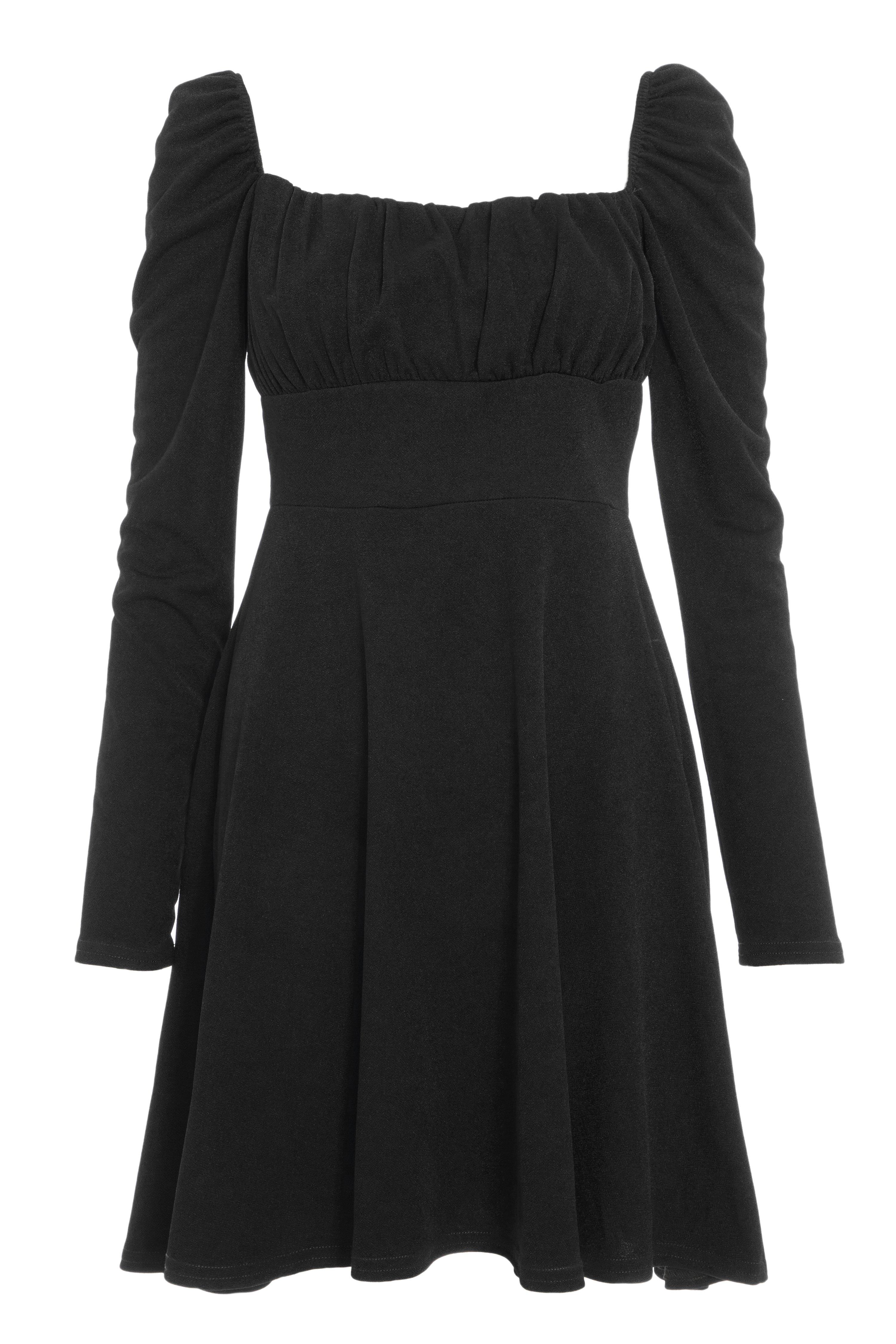 Black Ruched Long Sleeve Skater Dress Quiz Clothing