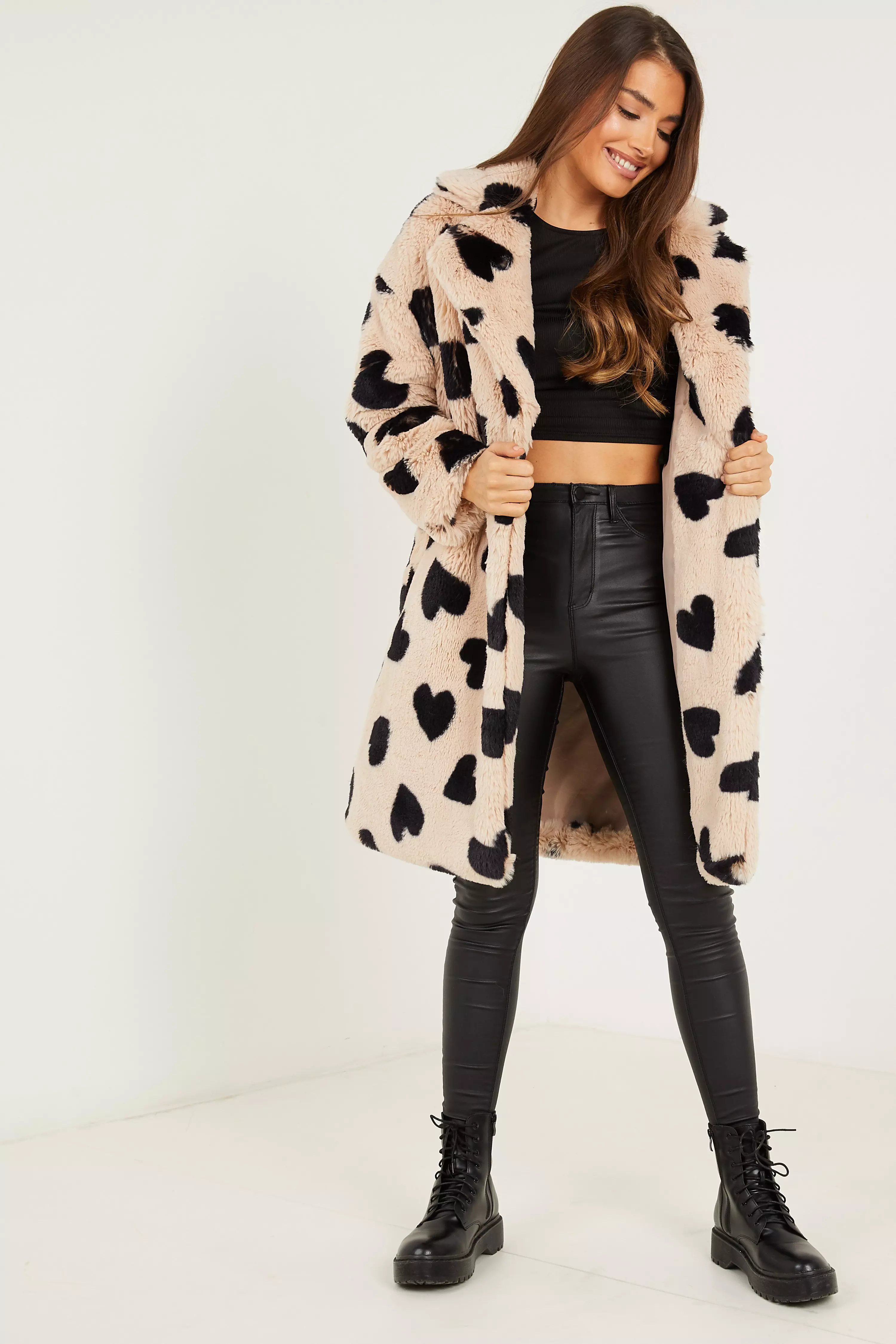 heart print fur coat