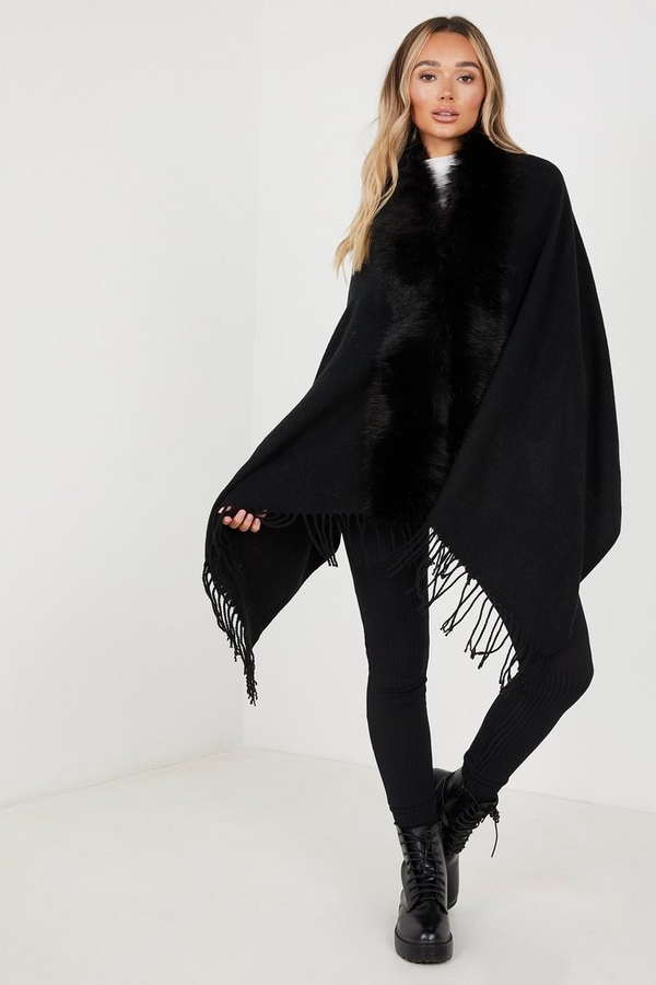 Black Faux Fur Cape - Quiz Clothing