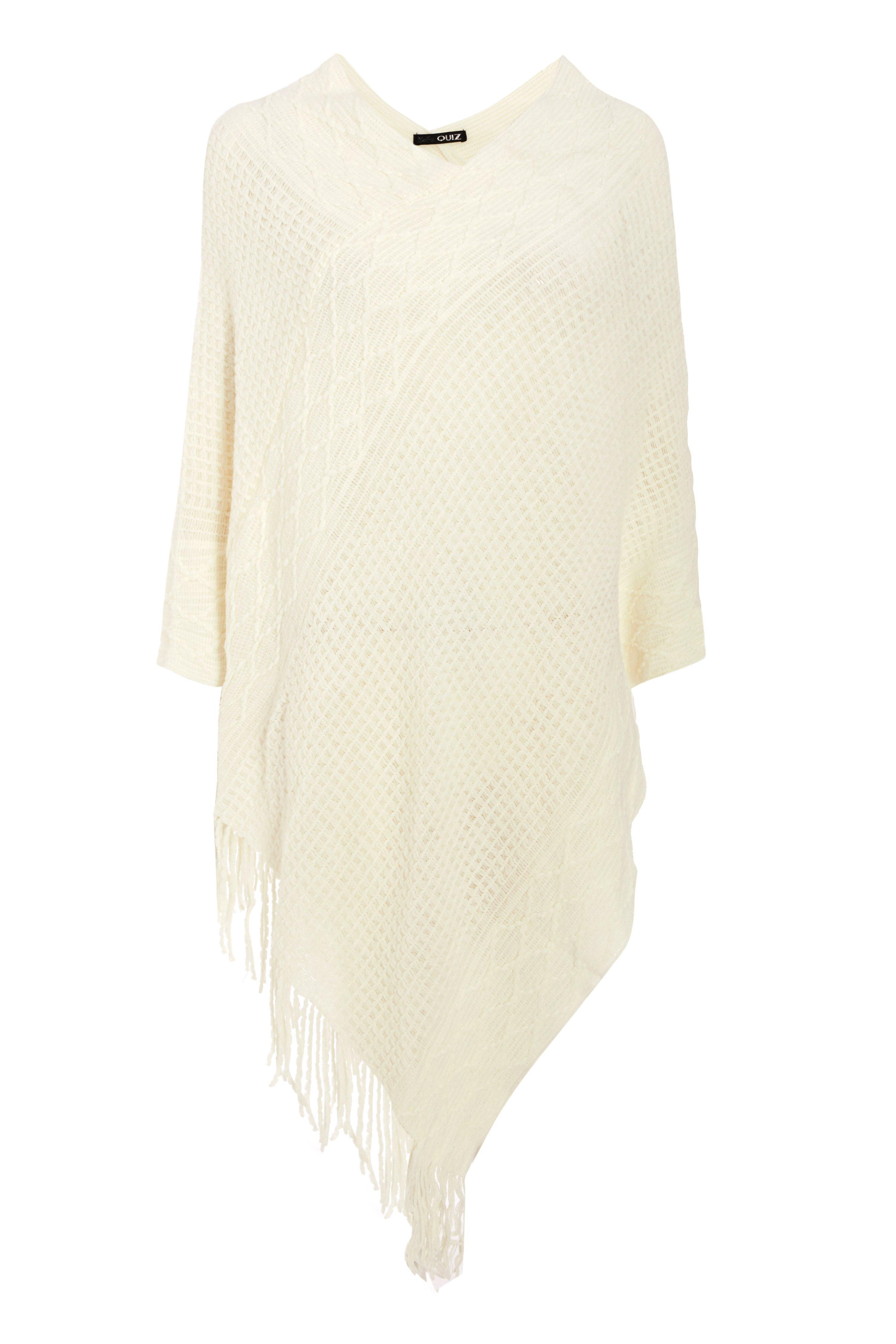 Cream Knitted Poncho - Quiz Clothing