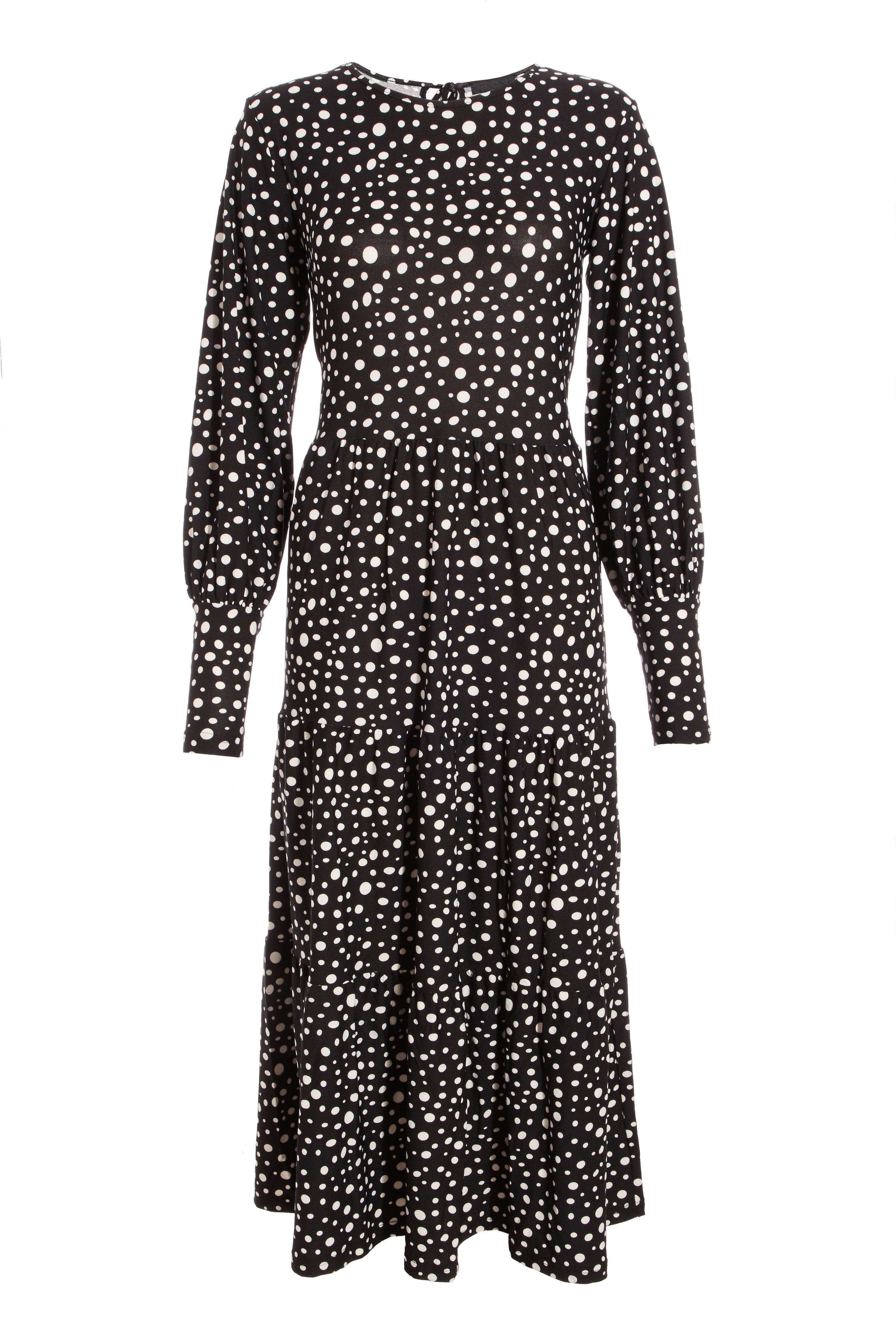 Black Spot Print Tiered Midi Dress - Quiz Clothing