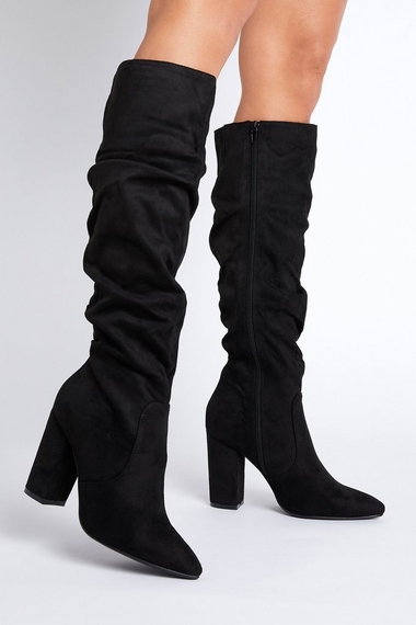 Black Ruched Knee High Boots