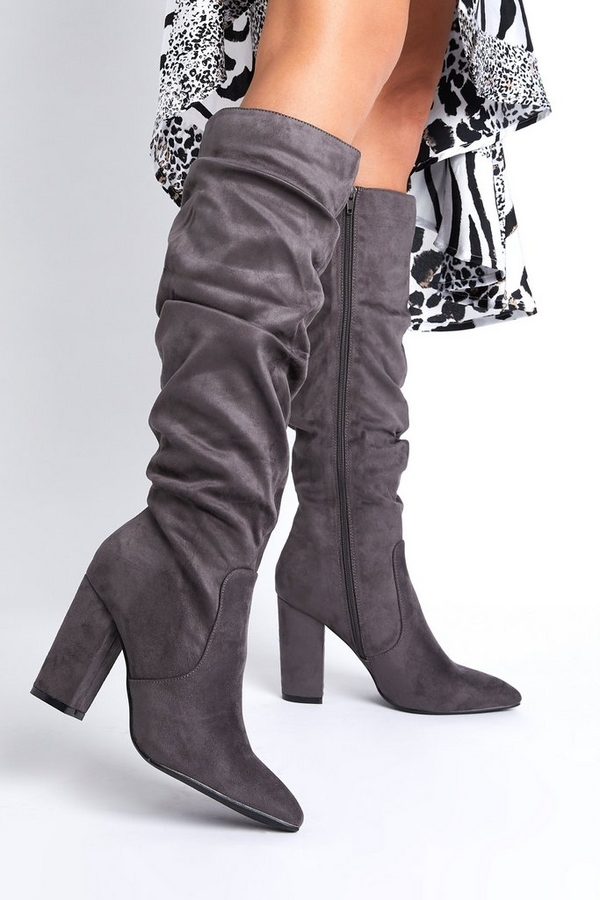 Grey Ruched Knee High Boots