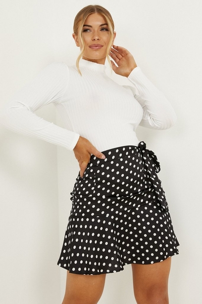 Petite Black Satin Polka Dot Skirt
