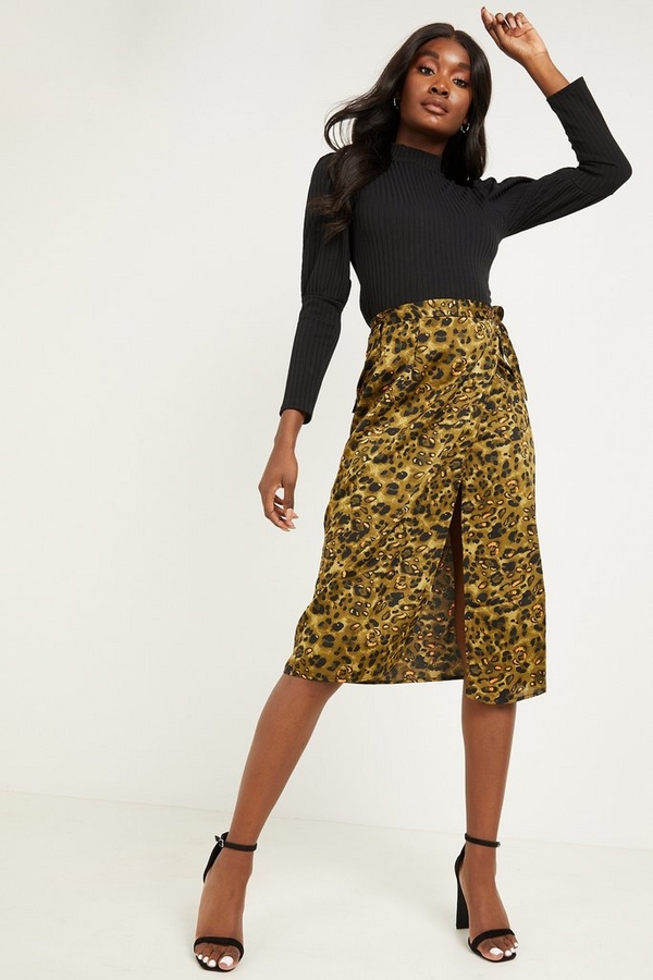 Khaki Satin Animal Wrap Midi Skirt