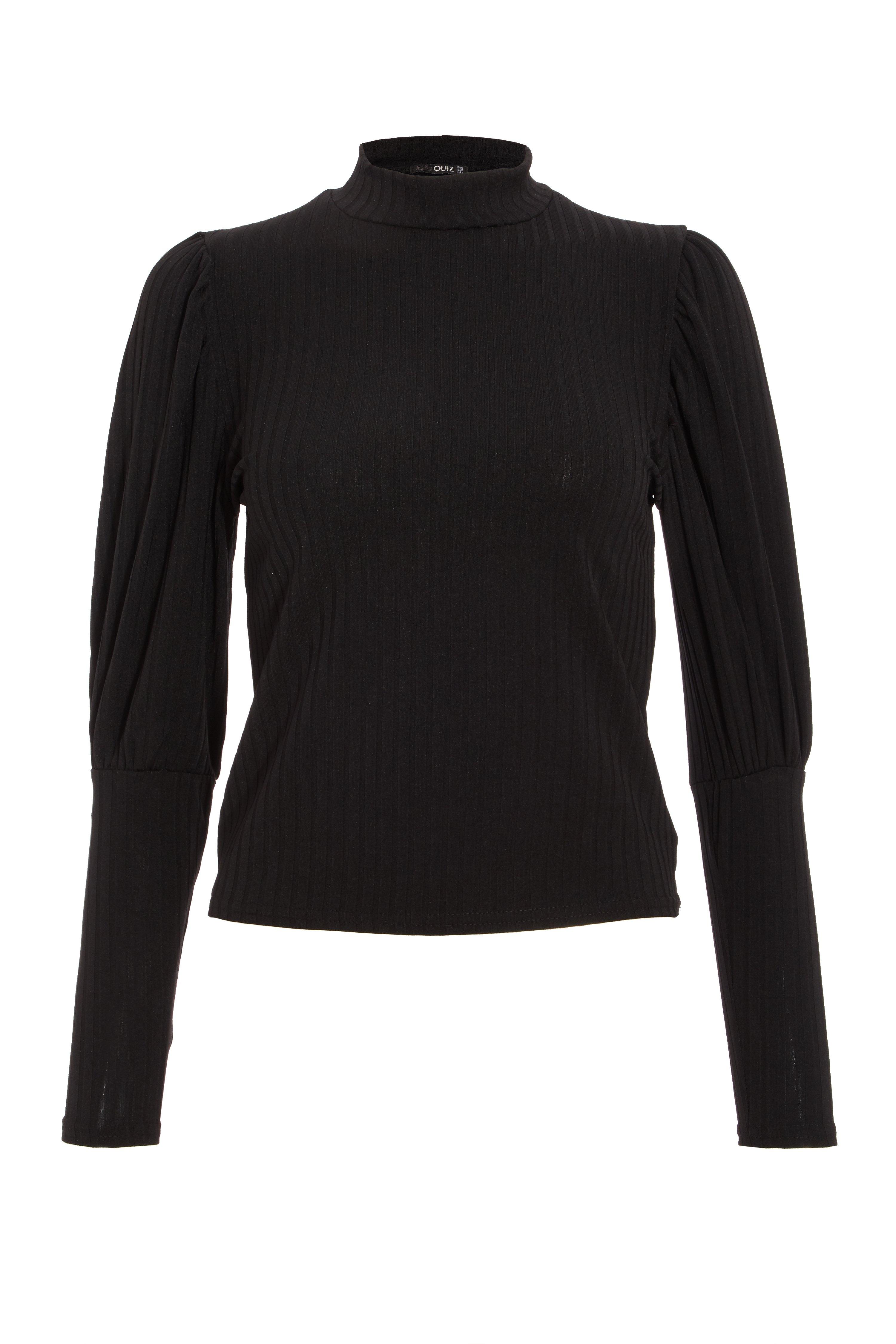 Petite Black Ribbed Puff Sleeve Top - Quiz Clothing