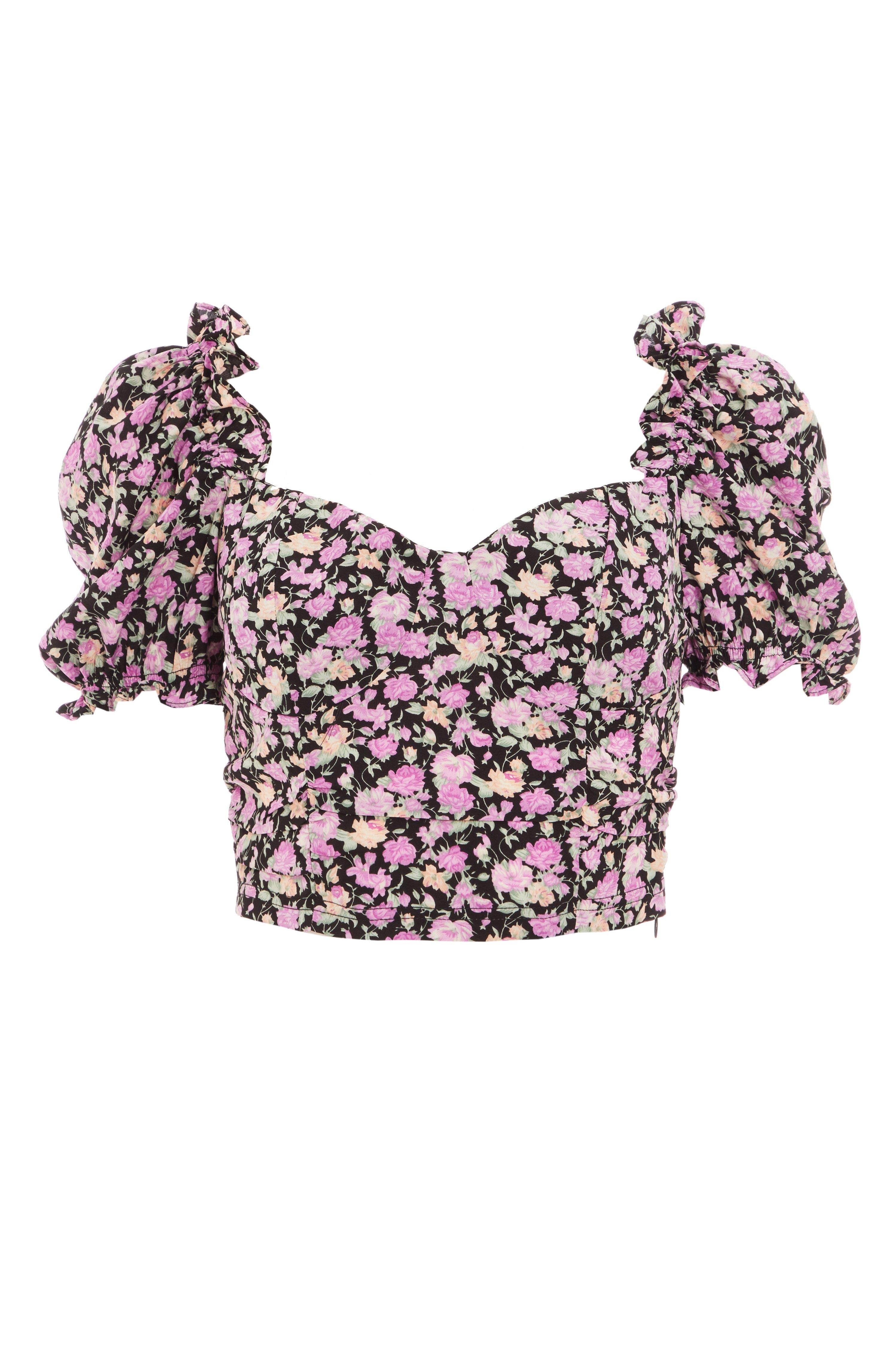 Black & Pink Floral Crop Top - Quiz Clothing
