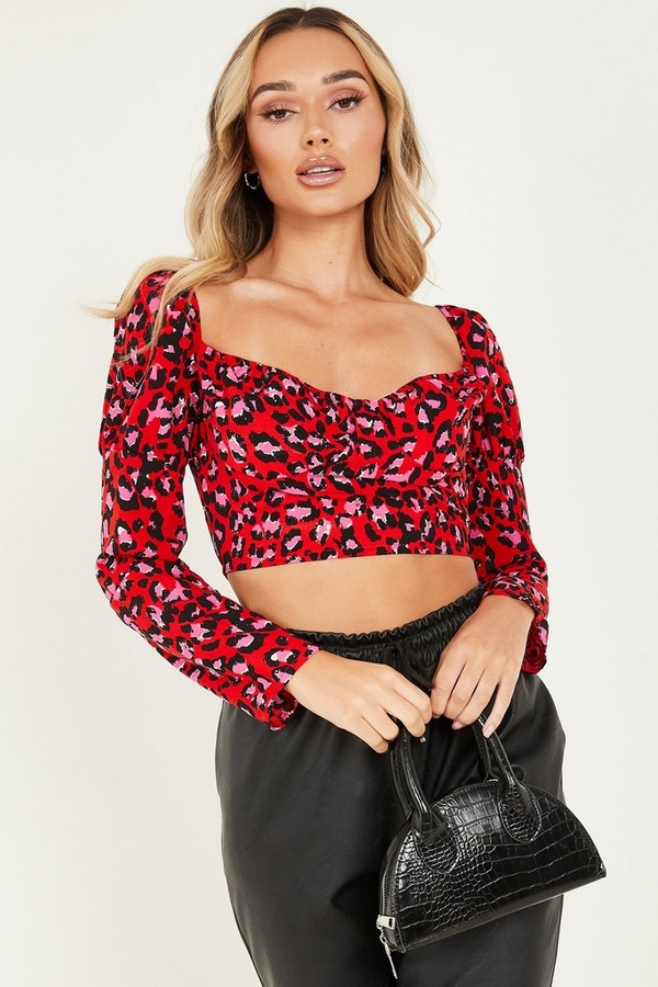 Red Leopard Print Puff Sleeve Top