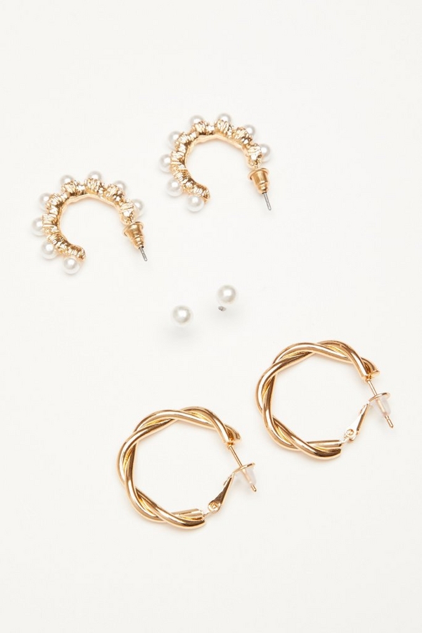 Gold Pearl Hoop Earring Set