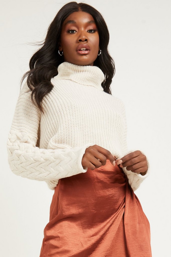 Stone Knitted Roll Neck Crop Jumper