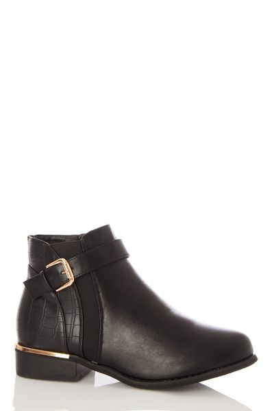 Black Faux Leather Flat Ankle Boot