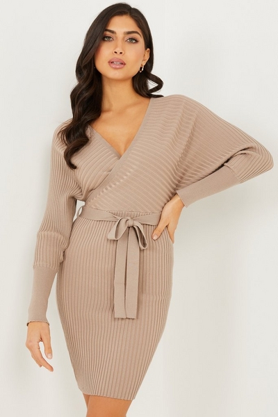 Stone Batwing Knitted Jumper Dress