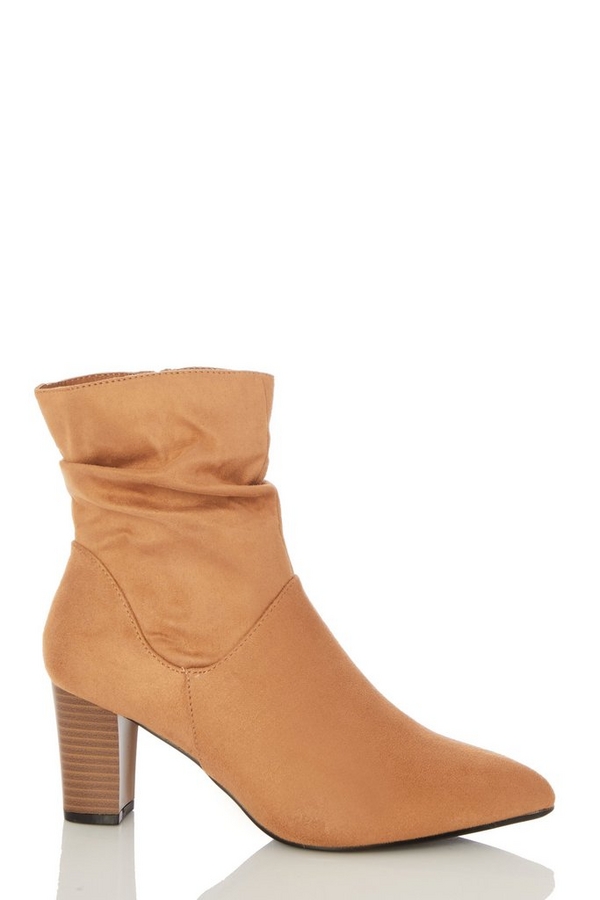 Wide Fit Tan Faux Suede Ruched Ankle Boot