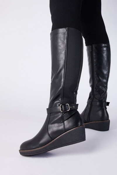 Black Faux Leather Wedge Boots