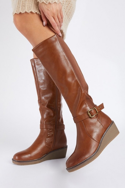 Tan Faux Leather Wedge Boots